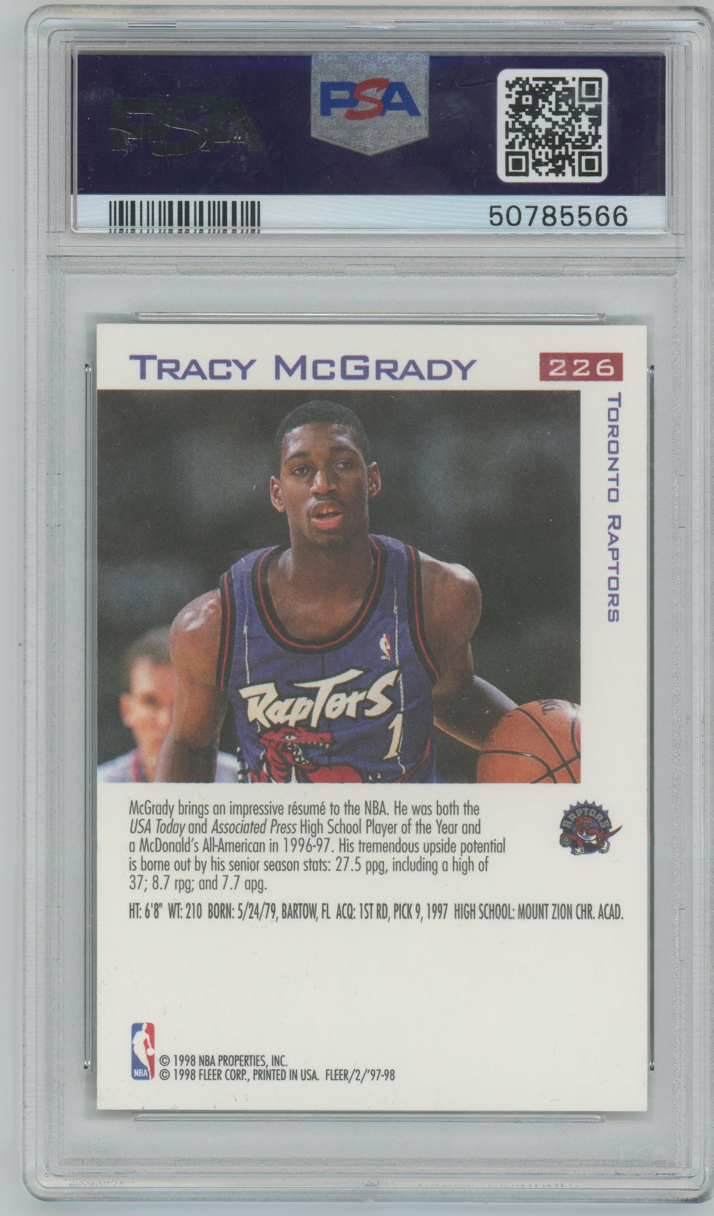 1997 Fleer #226 - Tracy McGrady - Raptors ROOKIE HOF - PSA 9