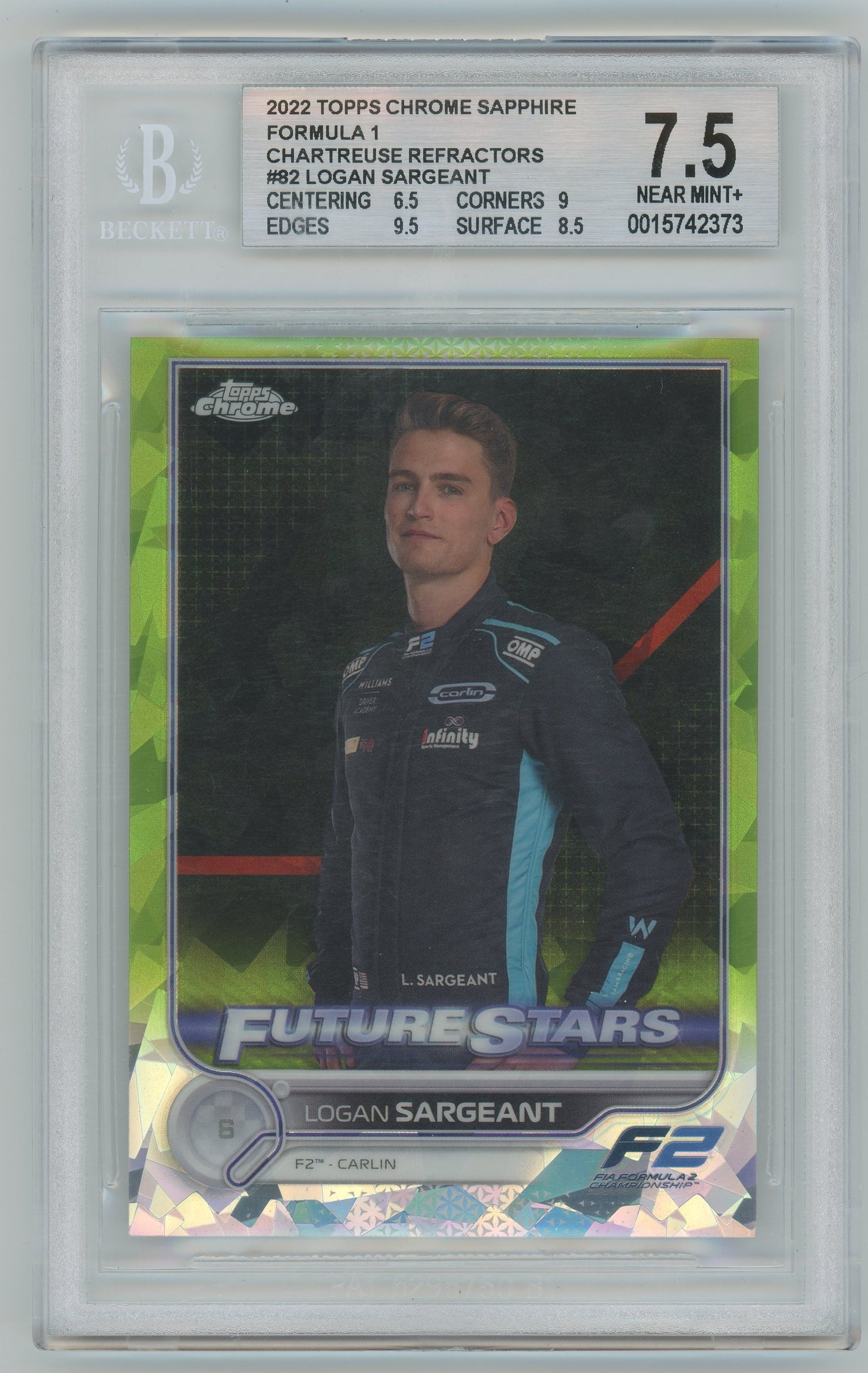 2022 Topps Chrome Sapp F1 Chartreuse Logan Sargeant #82 BGS 7.5 - /199, 151/199