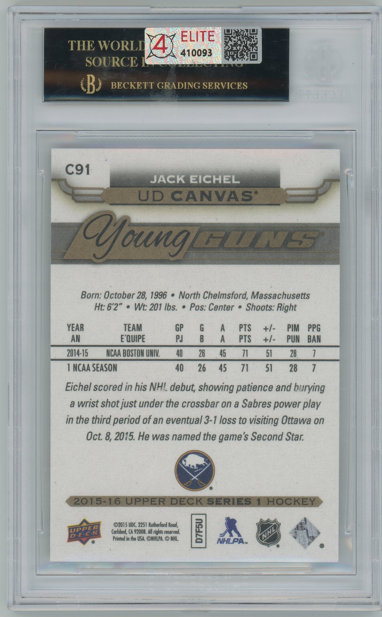 2015-16 Upper Deck Young Guns Canvas Jack Eichel YG #C91 BGS 10 PRISTINE BLACK