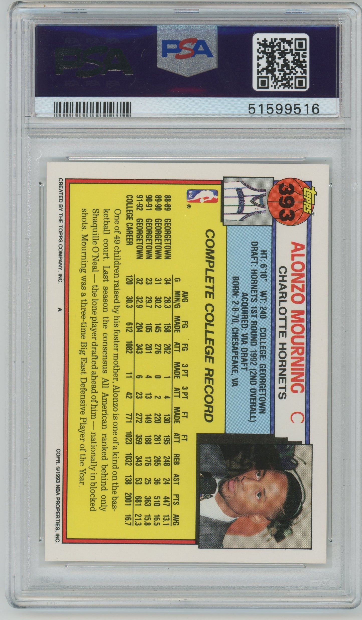 1992 Topps Alonzo Mourning ROOKIE #393 PSA 10