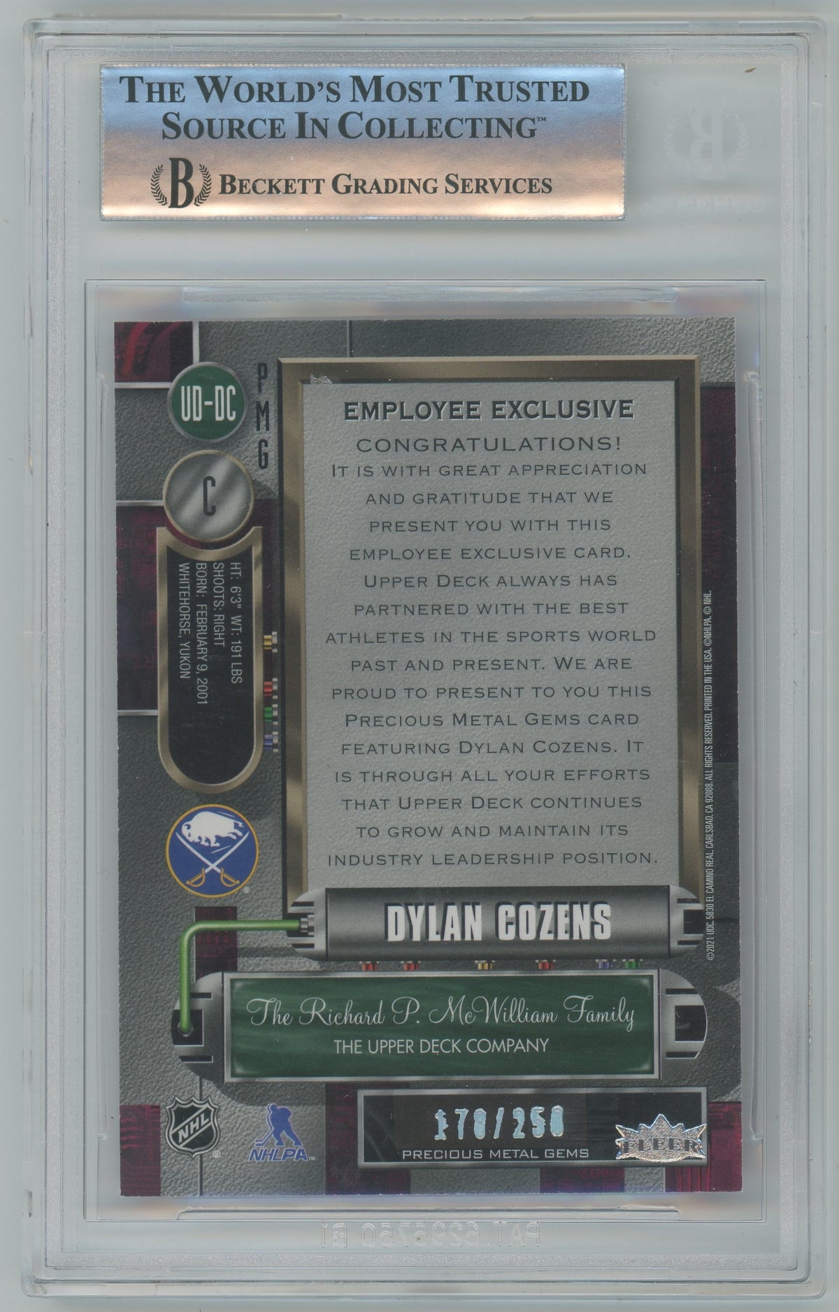 2020 Upper Deck- Dylan Cozens - Employee Precious Metal Gems Purple /250 - BGS 9