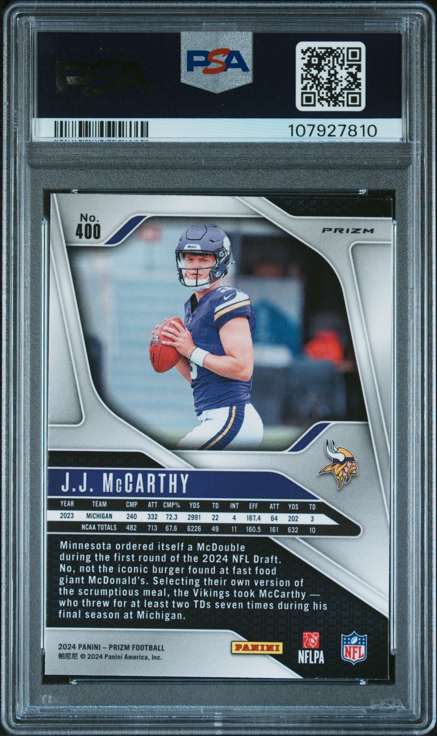 2024 Panini Prizm - JJ Mccarthy #400 - ROOKIE - Silver Prizm ROOKIE - PSA 9