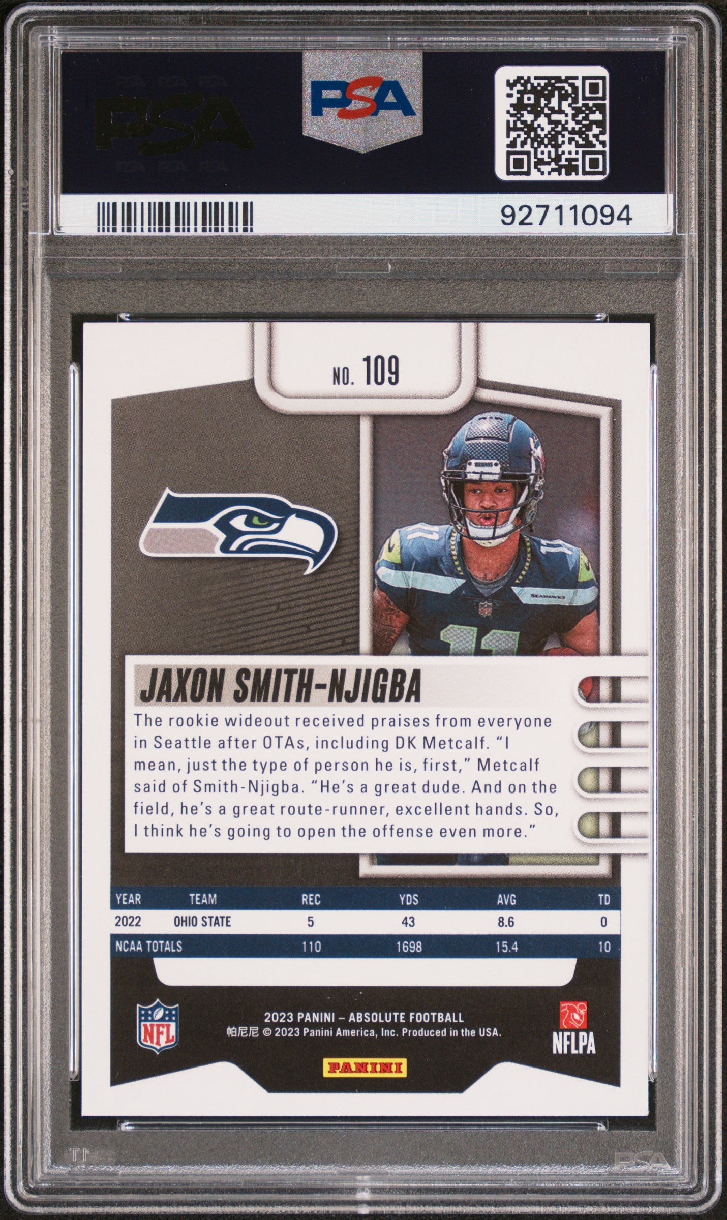 2023 Panini Absolute ROOKIE Jaxon Smith-Njigba ROOKIE #109 Green PSA 9