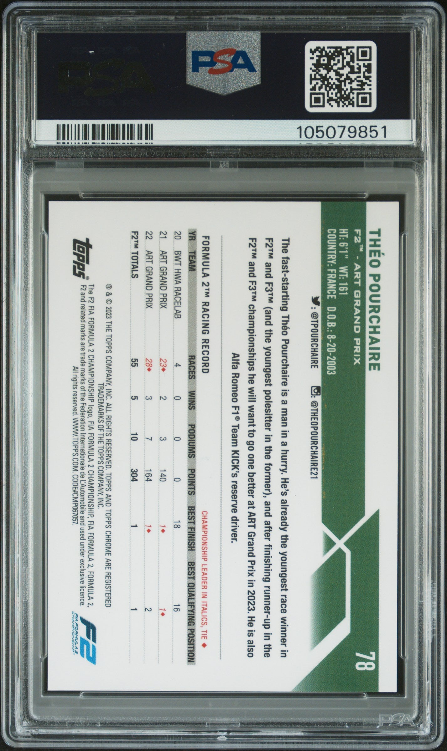 2023 Topps Chrome F1 - Theo Pourchaire - Red Refractor /5 - PSA 10