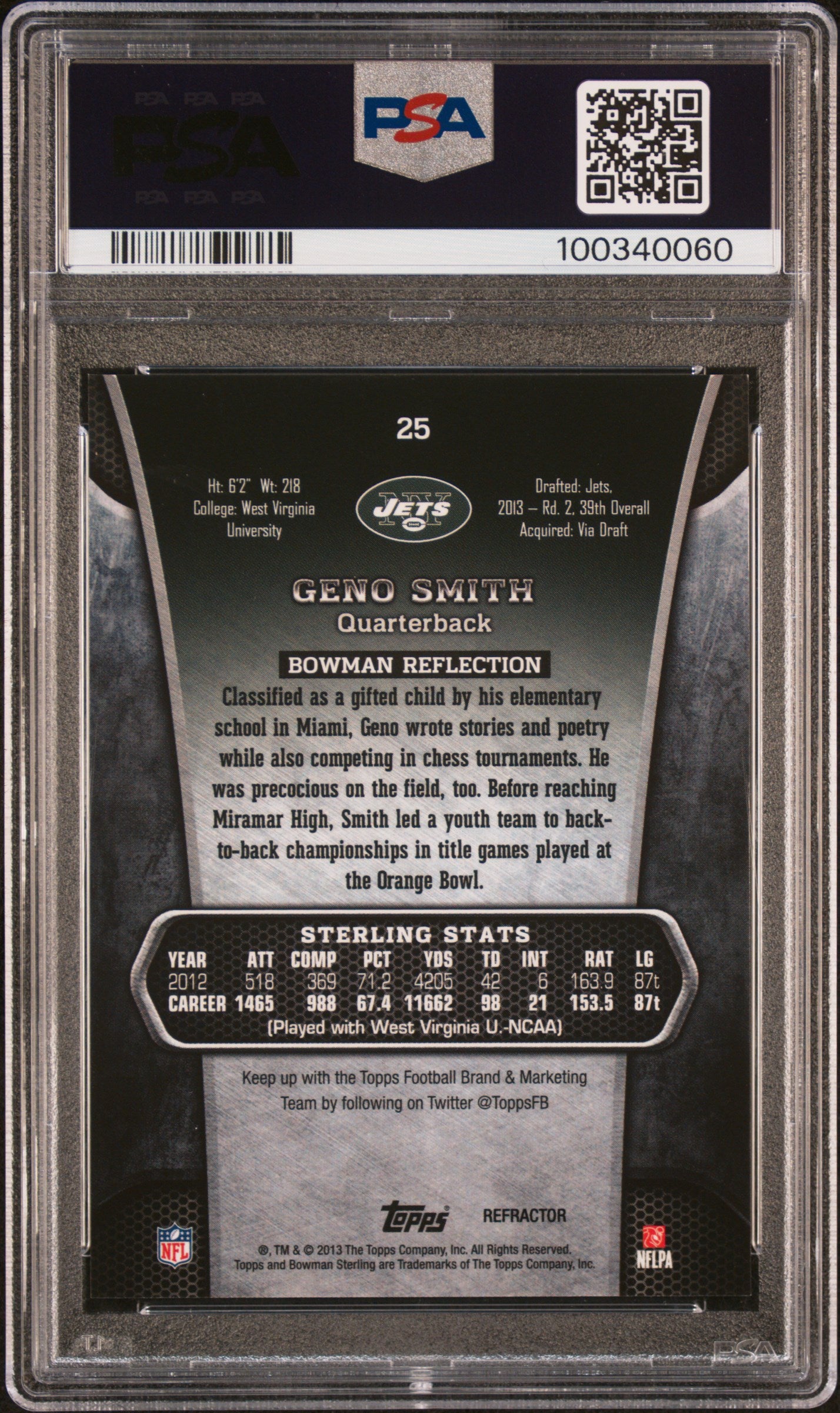 2013 Bowman Sterling Geno Smith #25 Prism Refractor - /25 PSA 9 - ROOKIE - /25