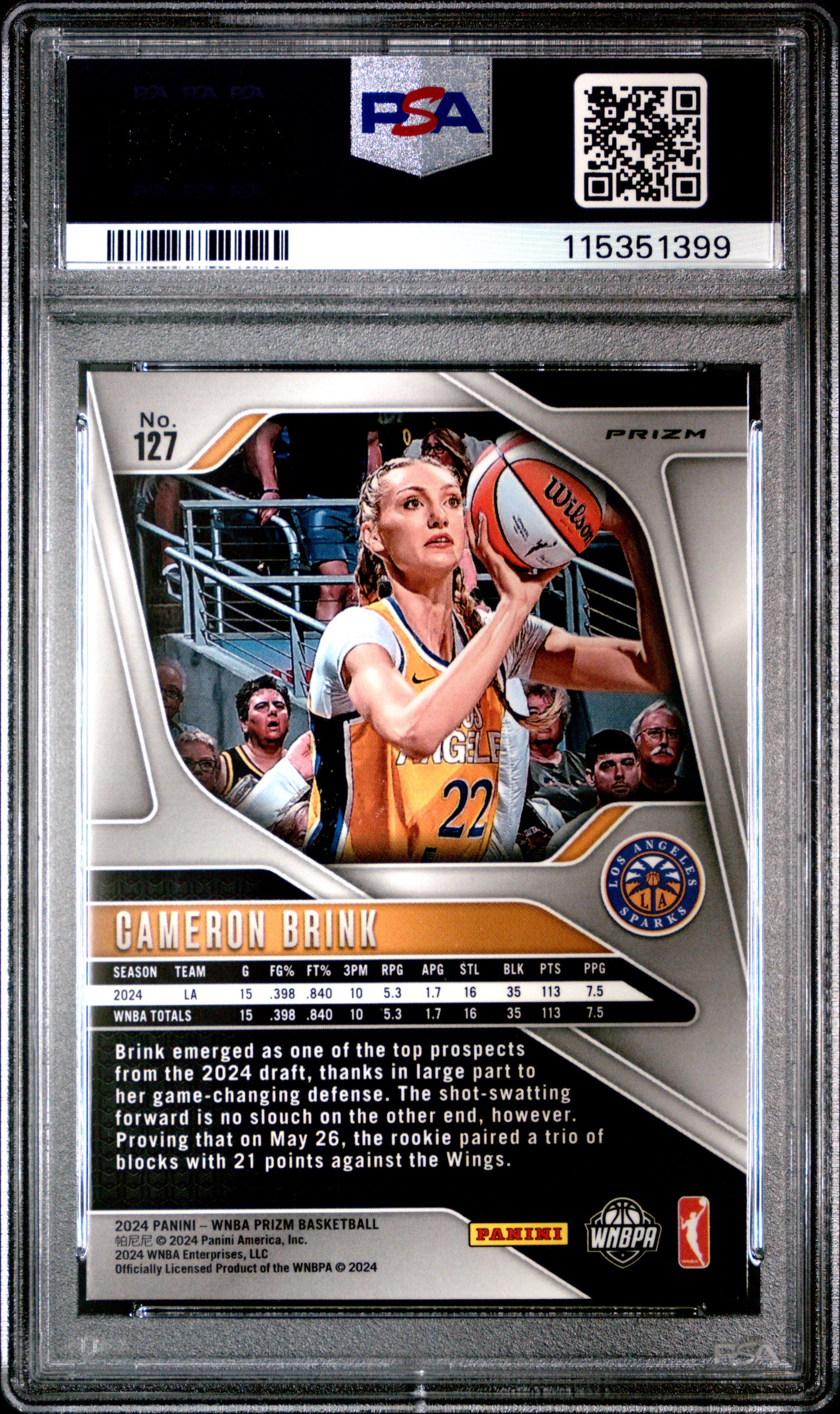 2024 Panini Prizm WNBA - Cameron Brink #127 - Silver ROOKIE - PSA 9 - ROOKIE