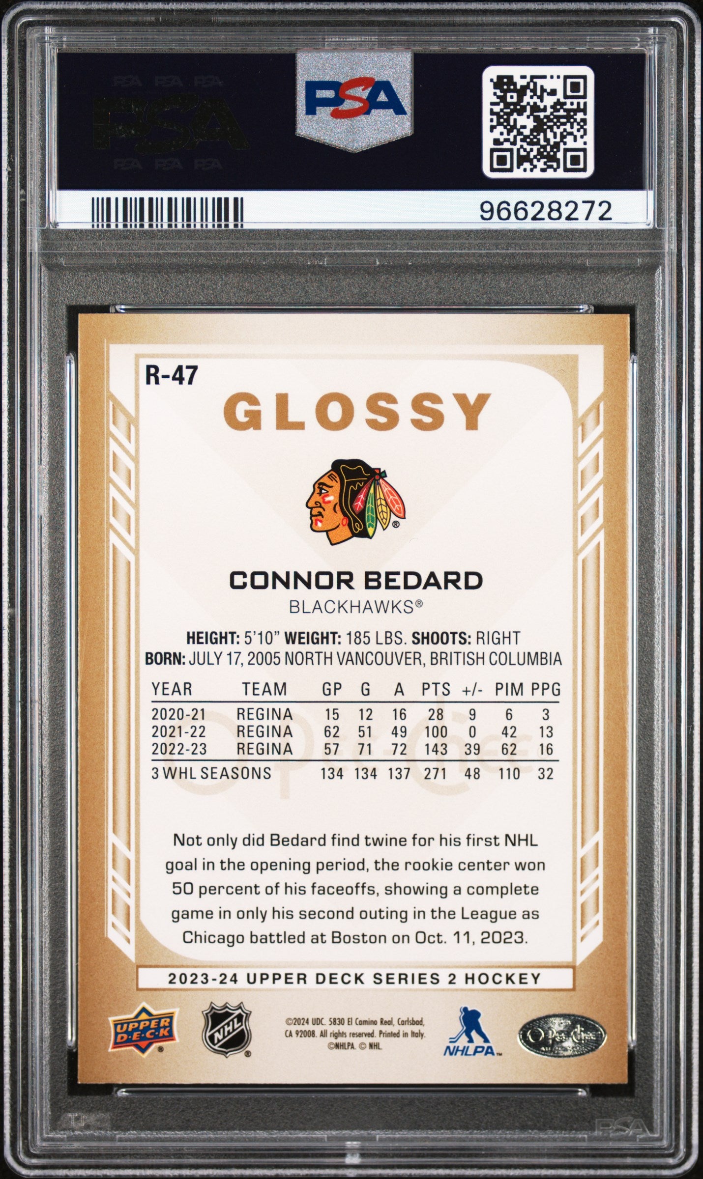 2023 Upper Deck - OPC Glossy - Connor Bedard #R47- Opc Gold - ROOKIE - PSA- GOLD