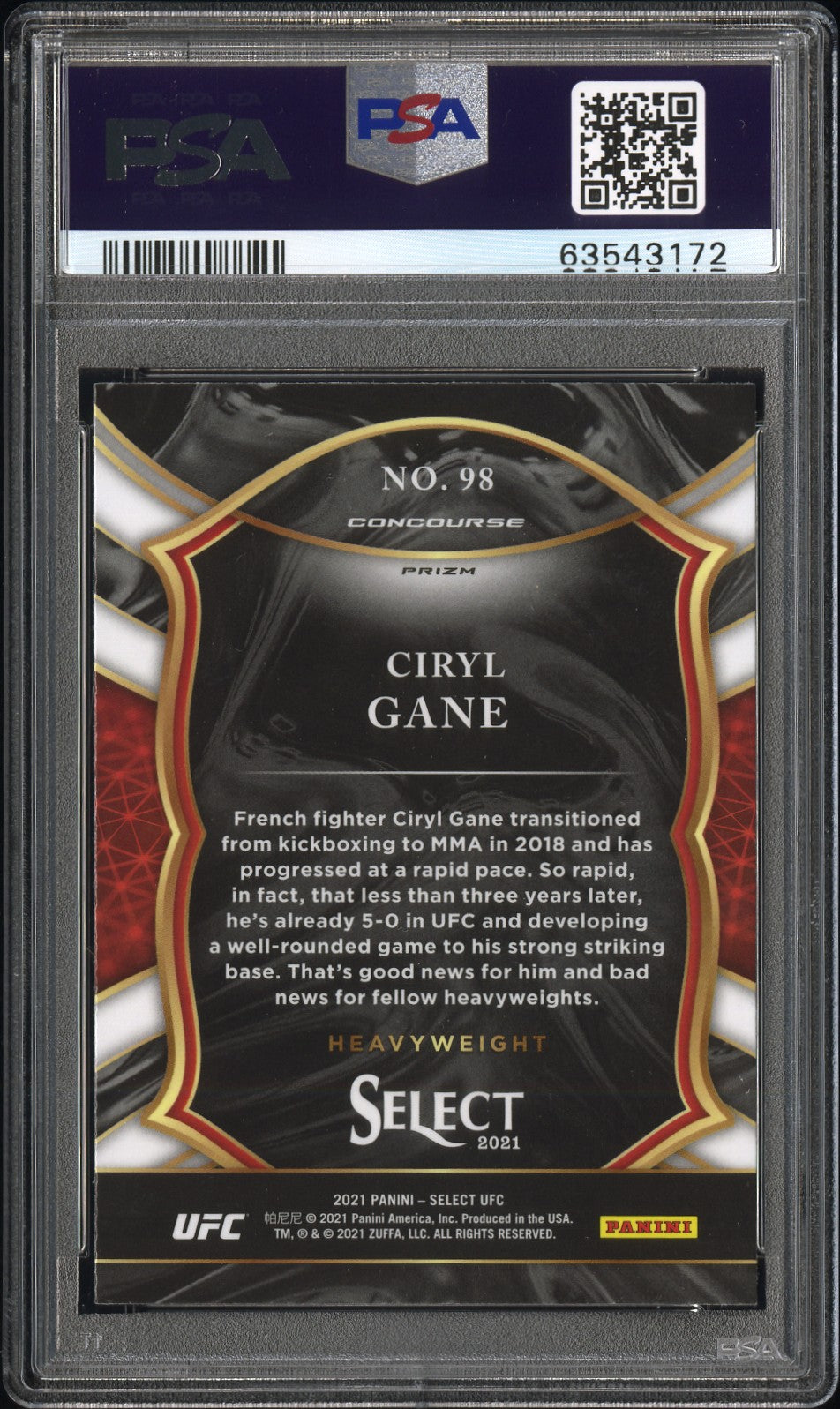 2021 Panini Select UFC Ciryl Gane #98 Tri Color Prizm PSA 10