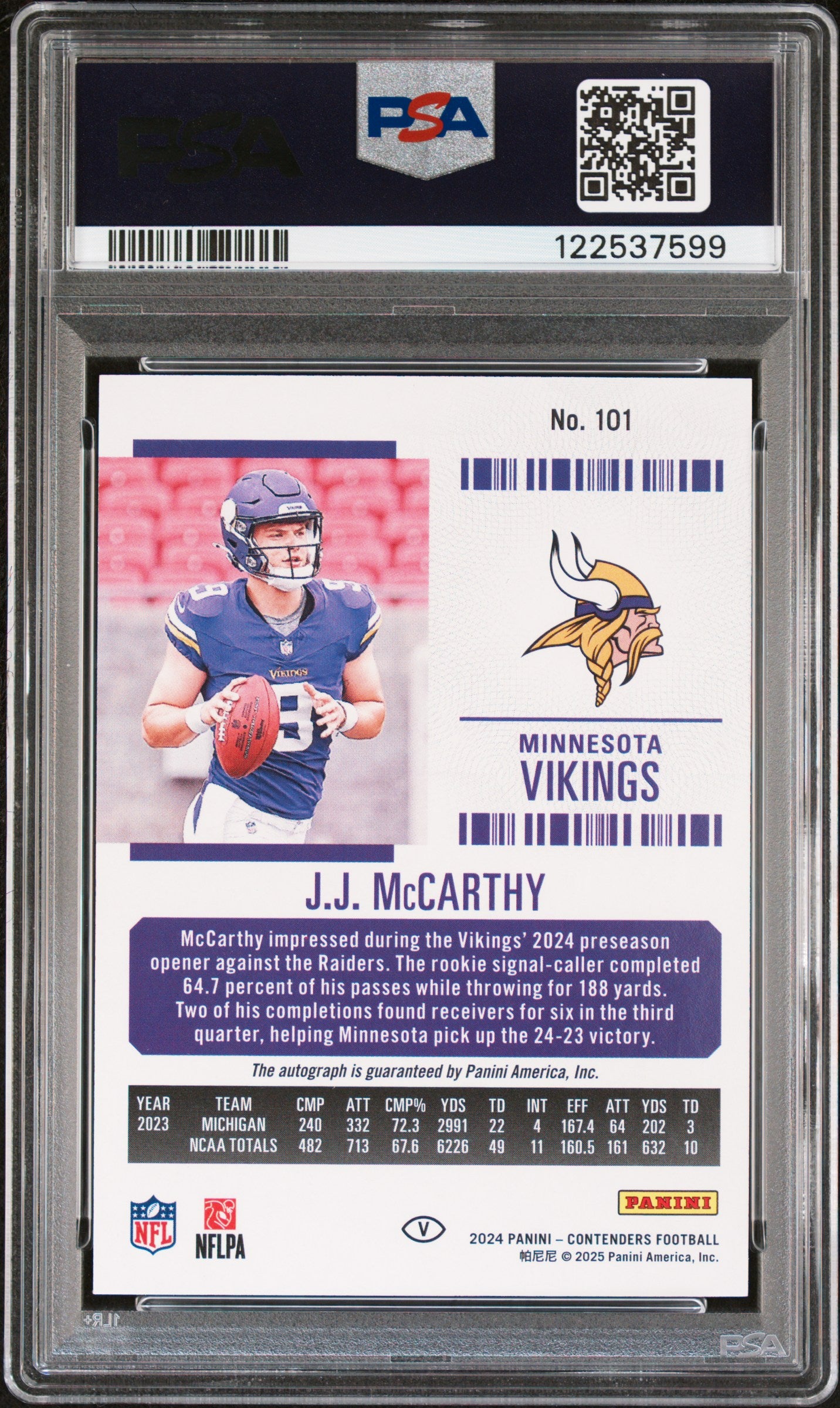 2024 Panini Contenders- JJ Mccarthy - ROOKIE AUTOb -Variation ON CARD AUTO - PSA