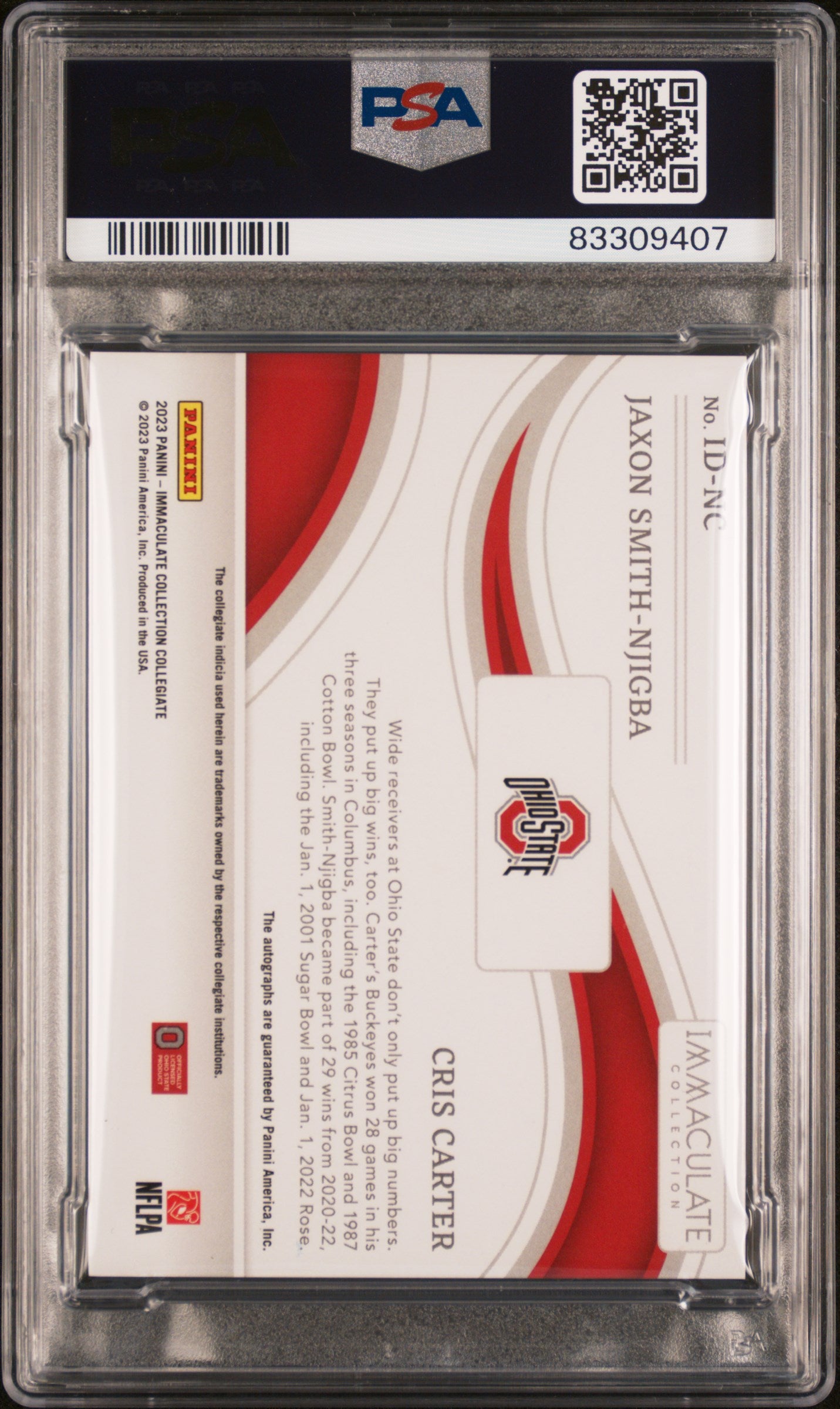 2023 Panini Immaculate College Dual Auto Jaxon Smith-Njigba Cris Carter PSA 8