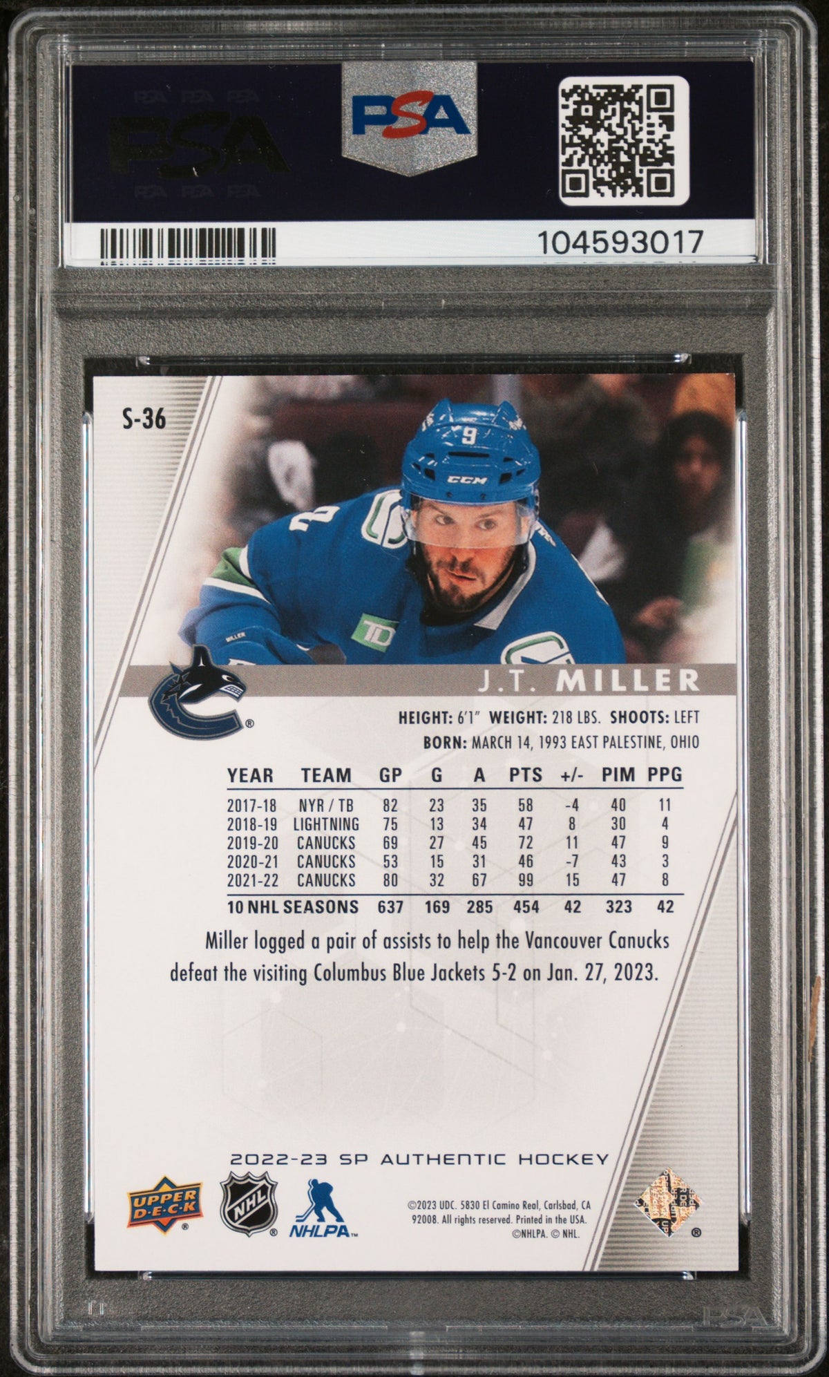 2022 SP Authentic - JT Miller #S36 - Spectrum FX Gold /50 - PSA - /50 GOLD