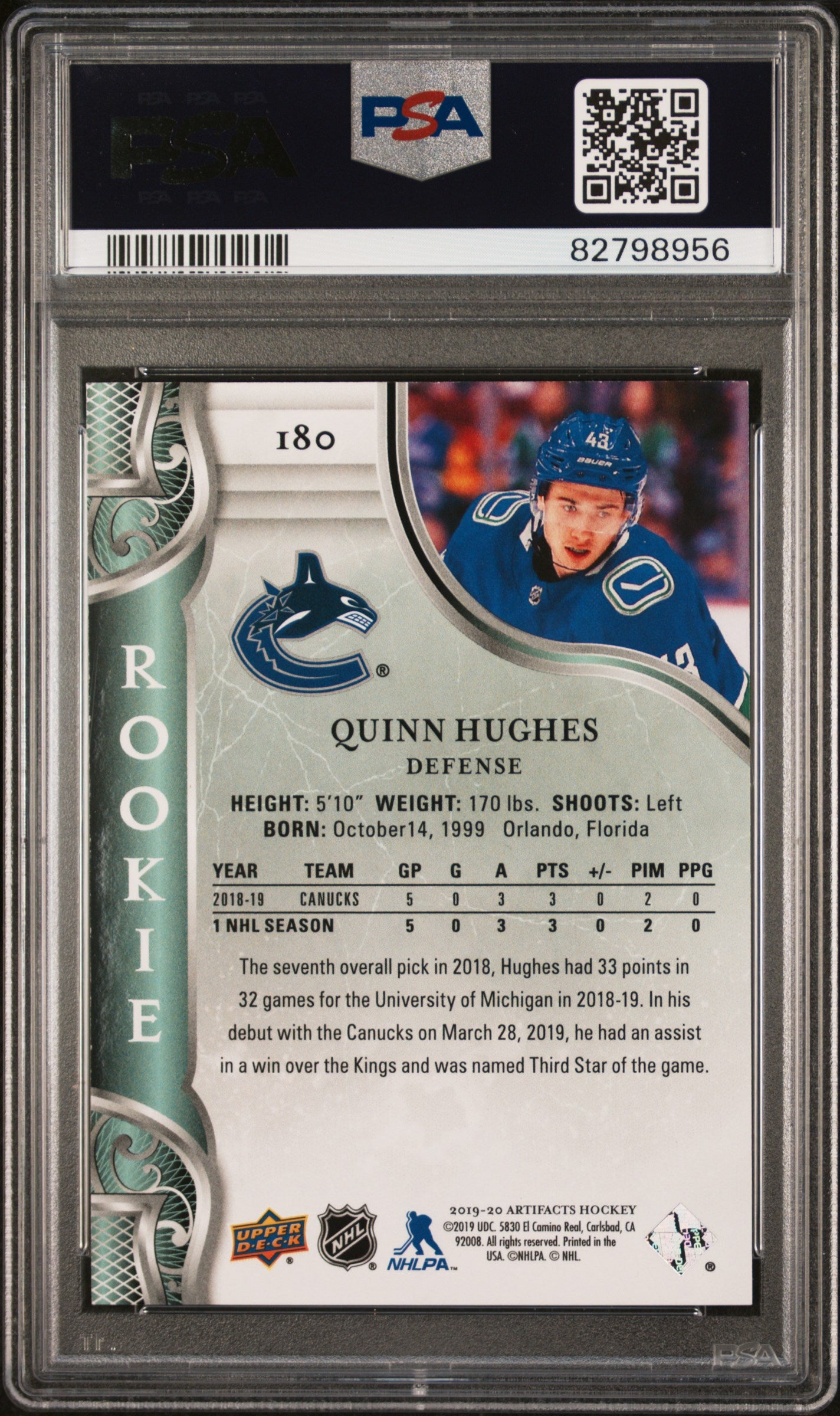 2019 Upper Deck Artifacts Quinn Hughes Rookie /299 #180 PSA 9 - /299, ## 195/299