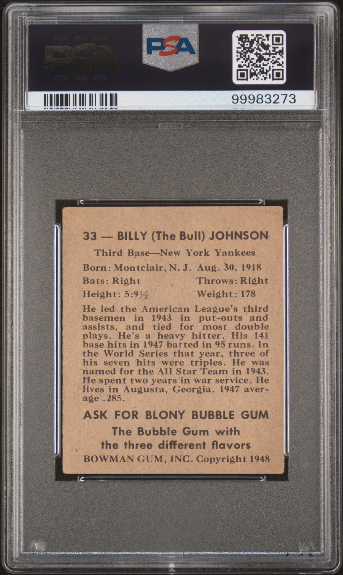 1948 Bowman MLB Baseball - Bill Johnson #33 - PSA 2