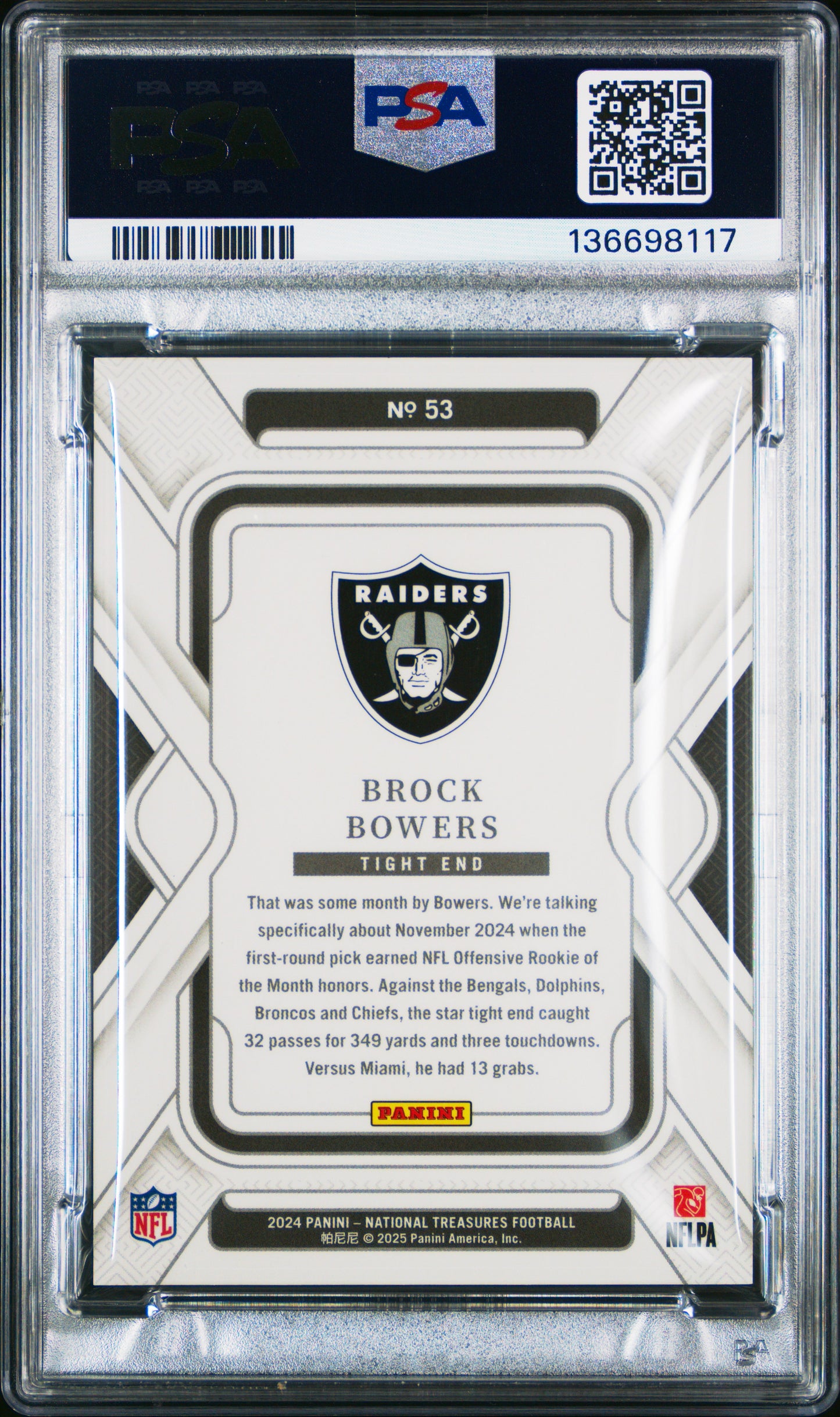 2024 National Treasures - Brock Bowers #53 - ROOKIE - Purple /75 - PSA - /75