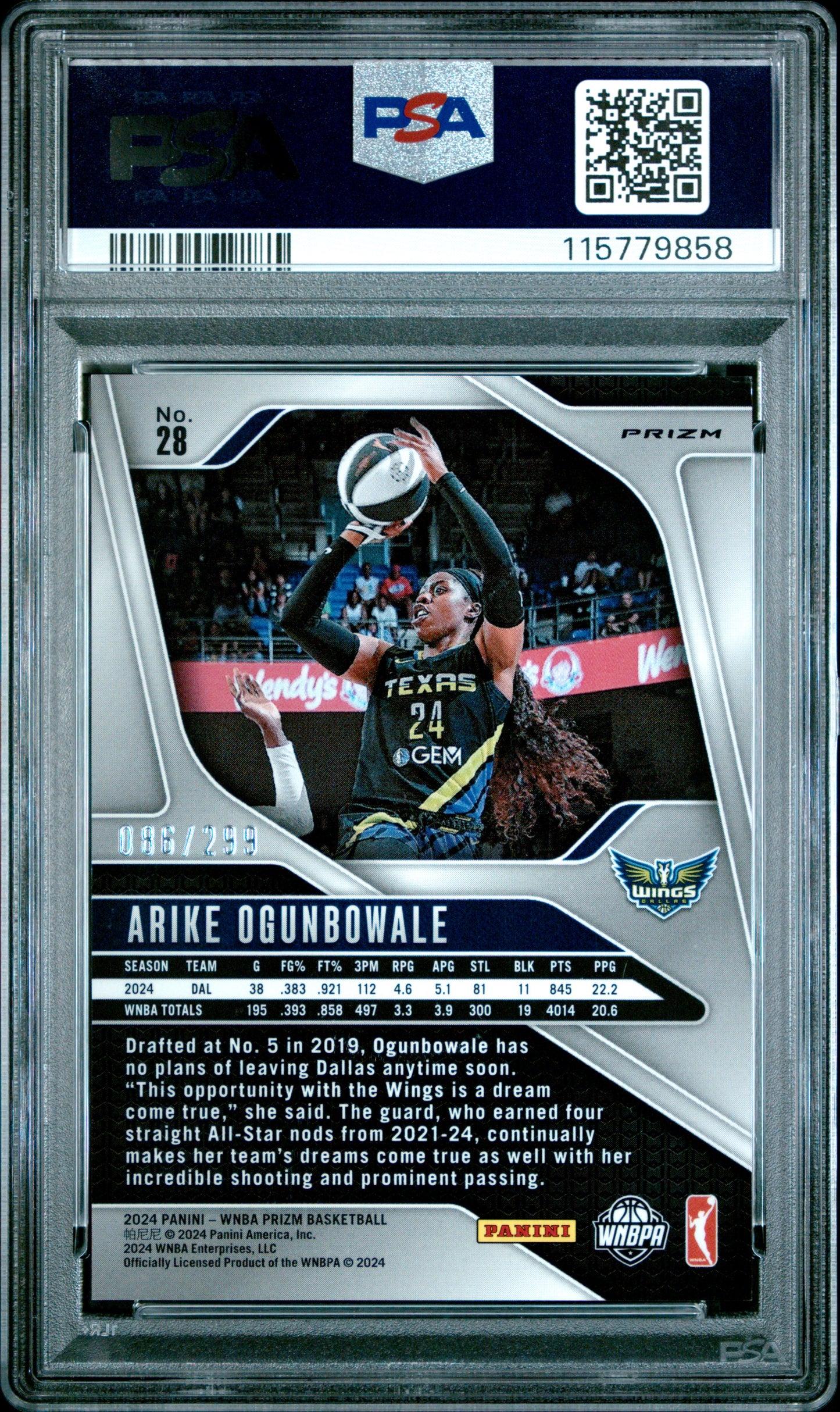 2024 Panini Prizm WNBA - Arike Ogunbowale #28 - Red /299 - PSA 9 - /299