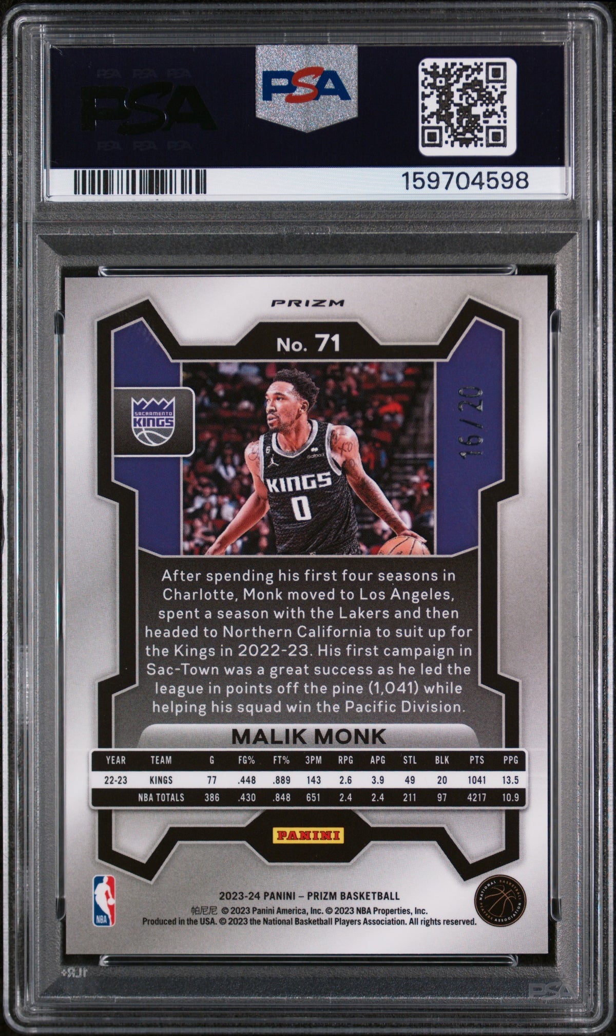 2023 Panini Prizm Malik Monk #71 Cherry Blossom Choice 16/20 PSA 9