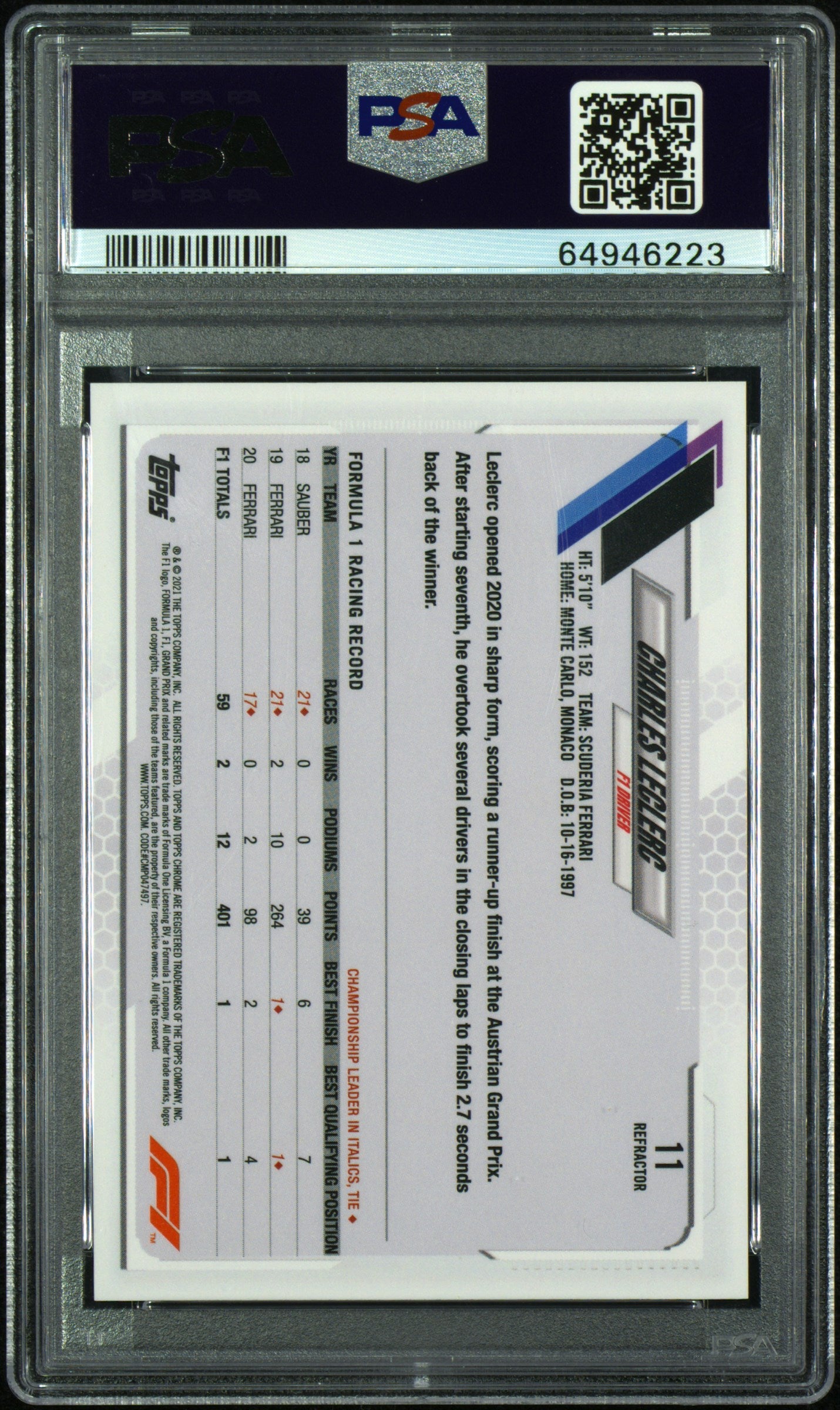 2021 Topps Chrome Formula 1 Charles Leclerc #11 Refractor PSA 8