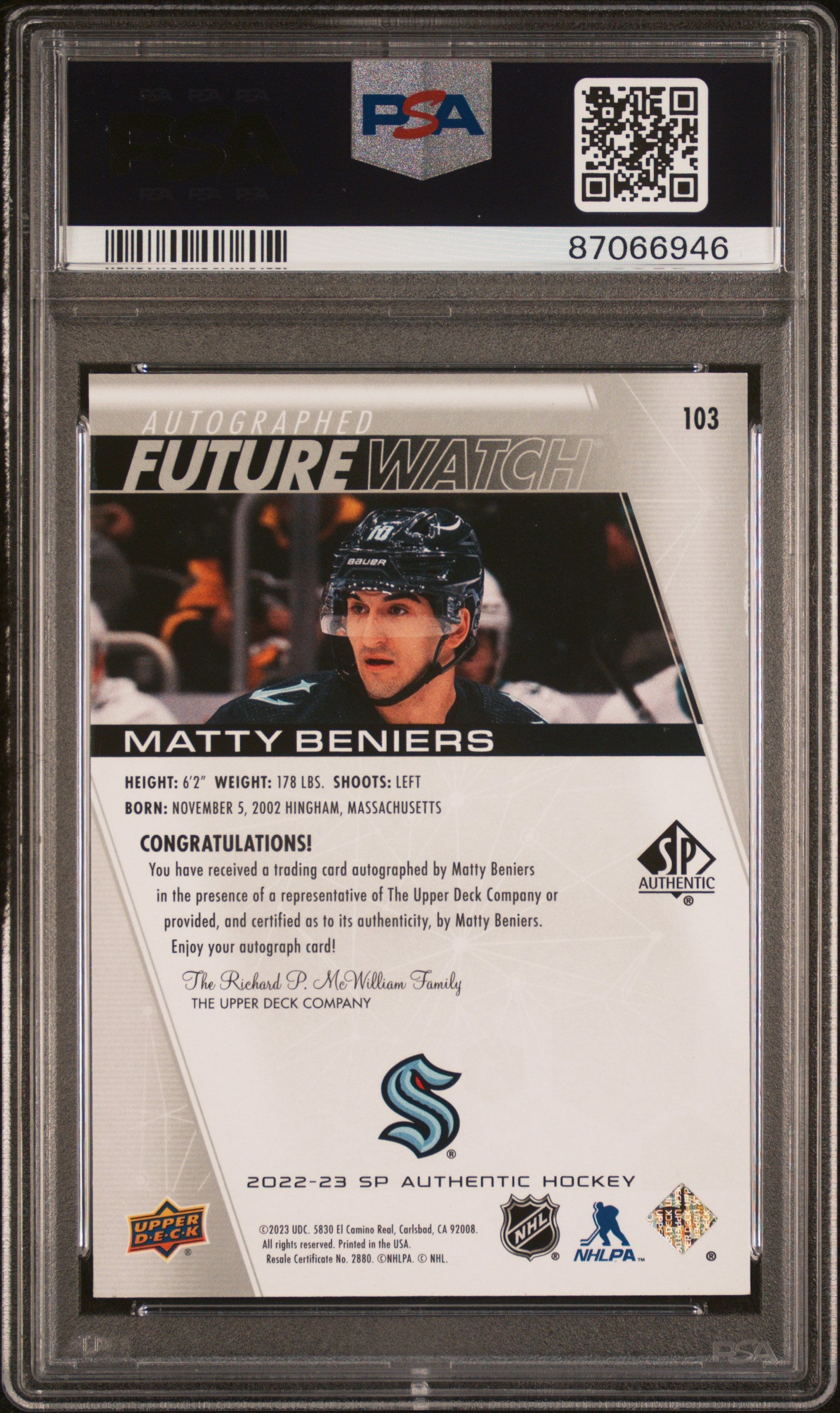 2022 SP Authentic Matty Beniers #103 Future Watch Autograph /999 ROOKIE PSA