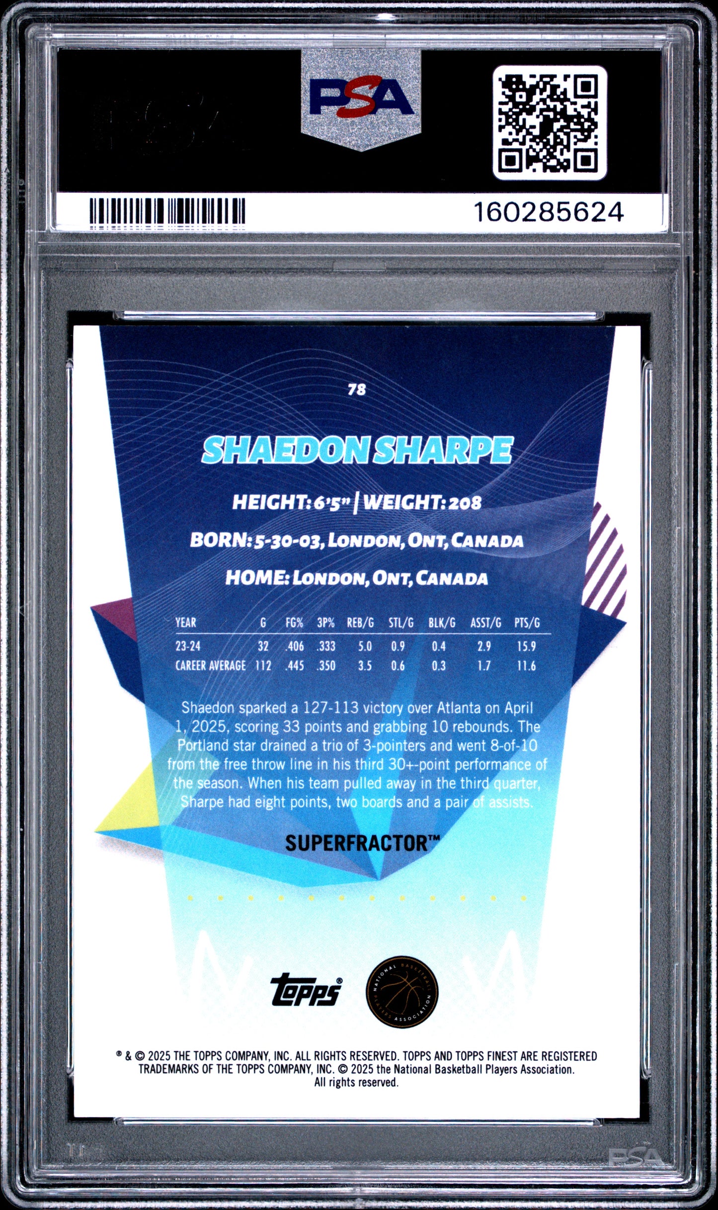 2024 Topps Finest - Shaedon Sharpe - Superfractor 1/1 - PSA - SUPERFRACTOR 1/1