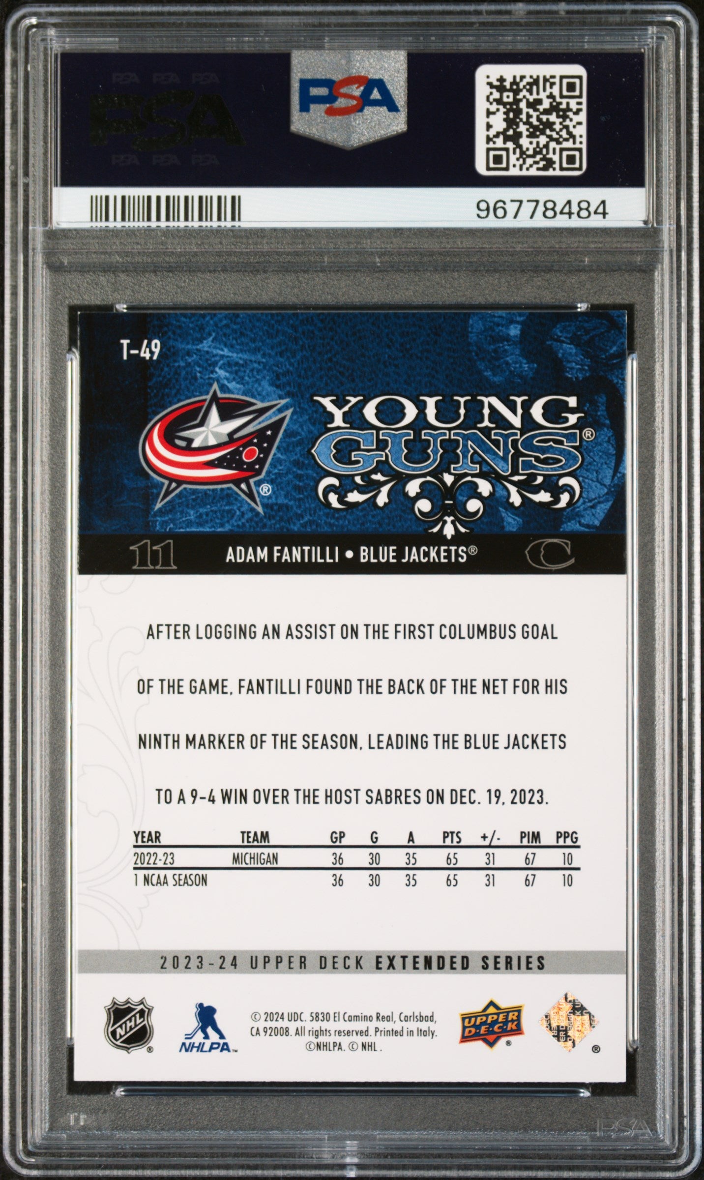 2023 Upper Deck 2008-09 Young Guns Retro Adam Fantilli #T49 '08 UD PSA 8