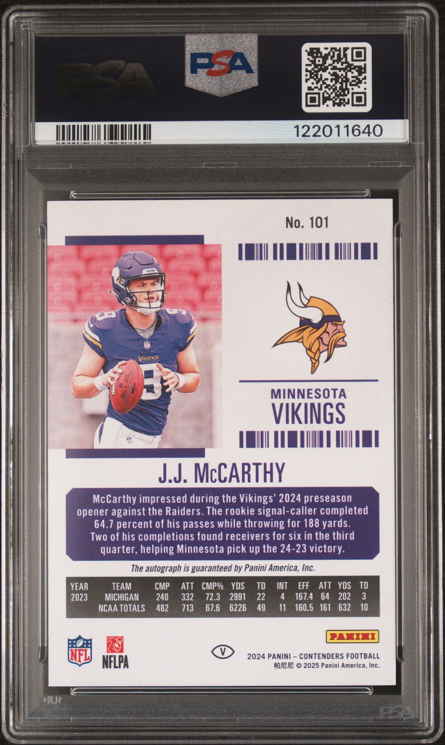 2024 Panini Contenders- JJ Mccarthy - ROOKIE AUTO - Variation ON CARD AUTO - PSA