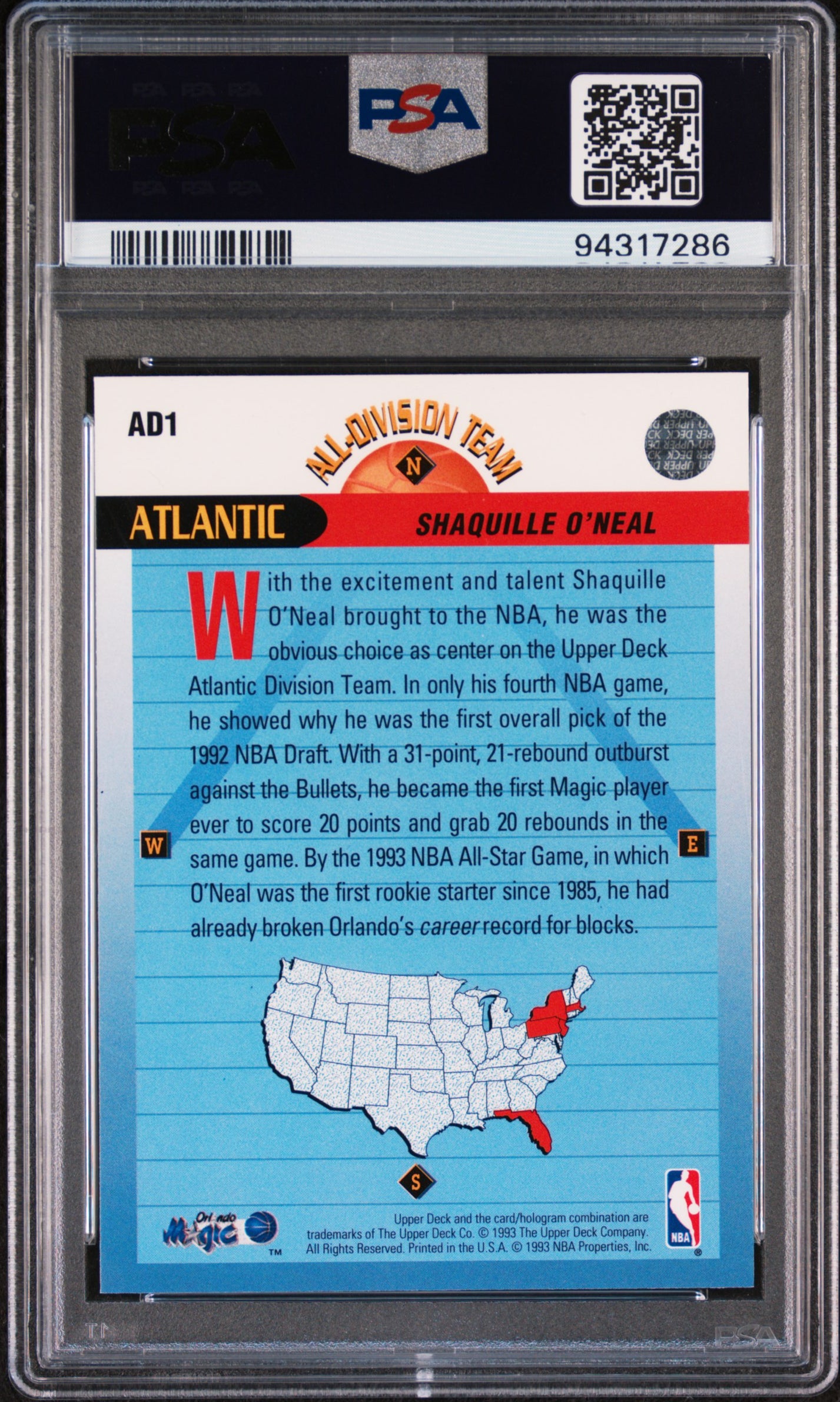 1992 Upper Deck All-Division Shaquille O'Neal #AD1 Team PSA 9
