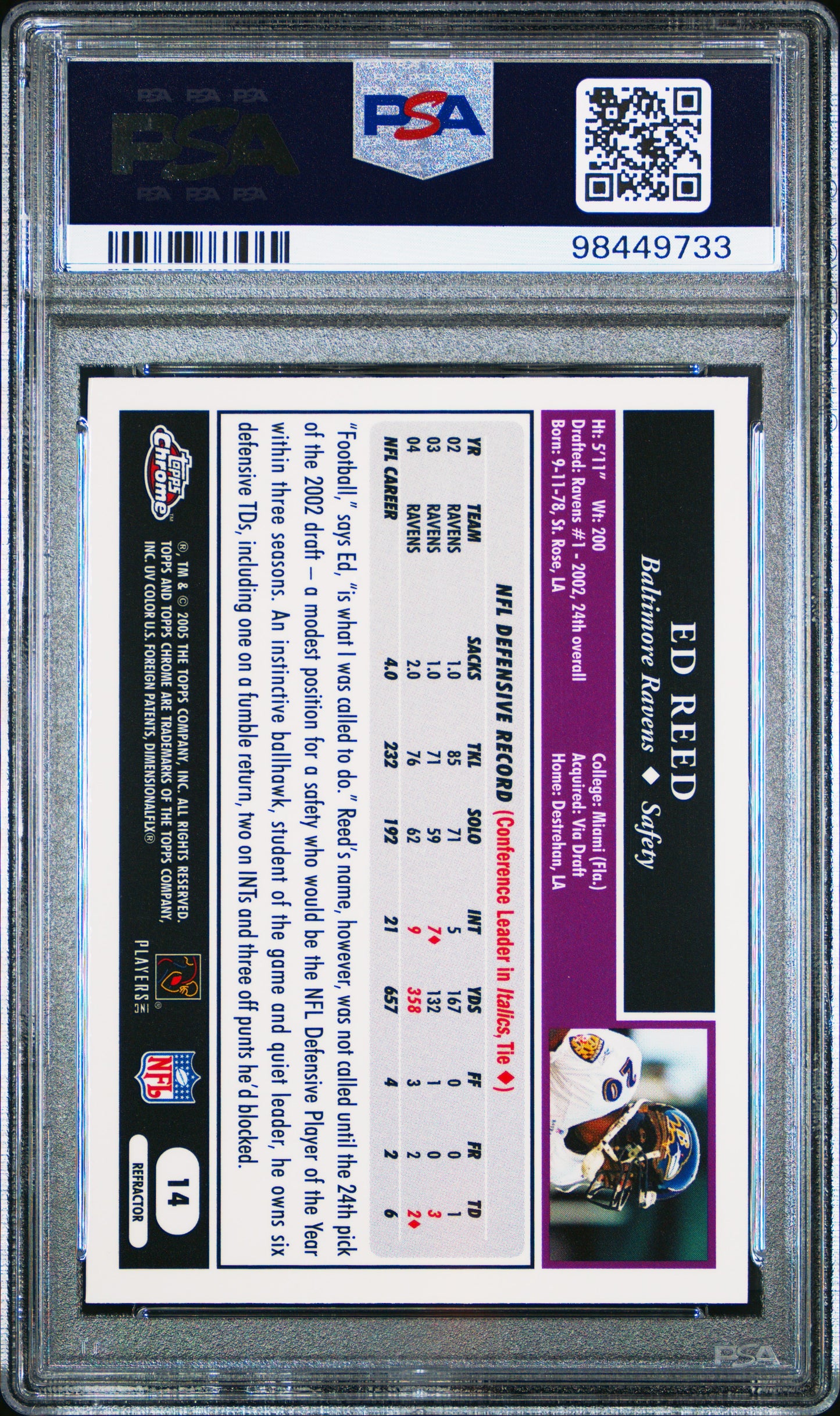 2005 Topps Chrome - Ed Reed #14 - Refractor - PSA 9