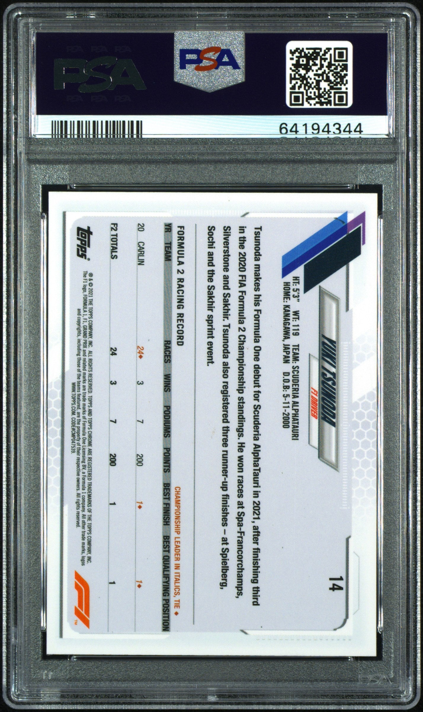2021 Topps Chrome F1 - Yuki Tsunoda #14b SP - PSA 10 - SP - PSA 10