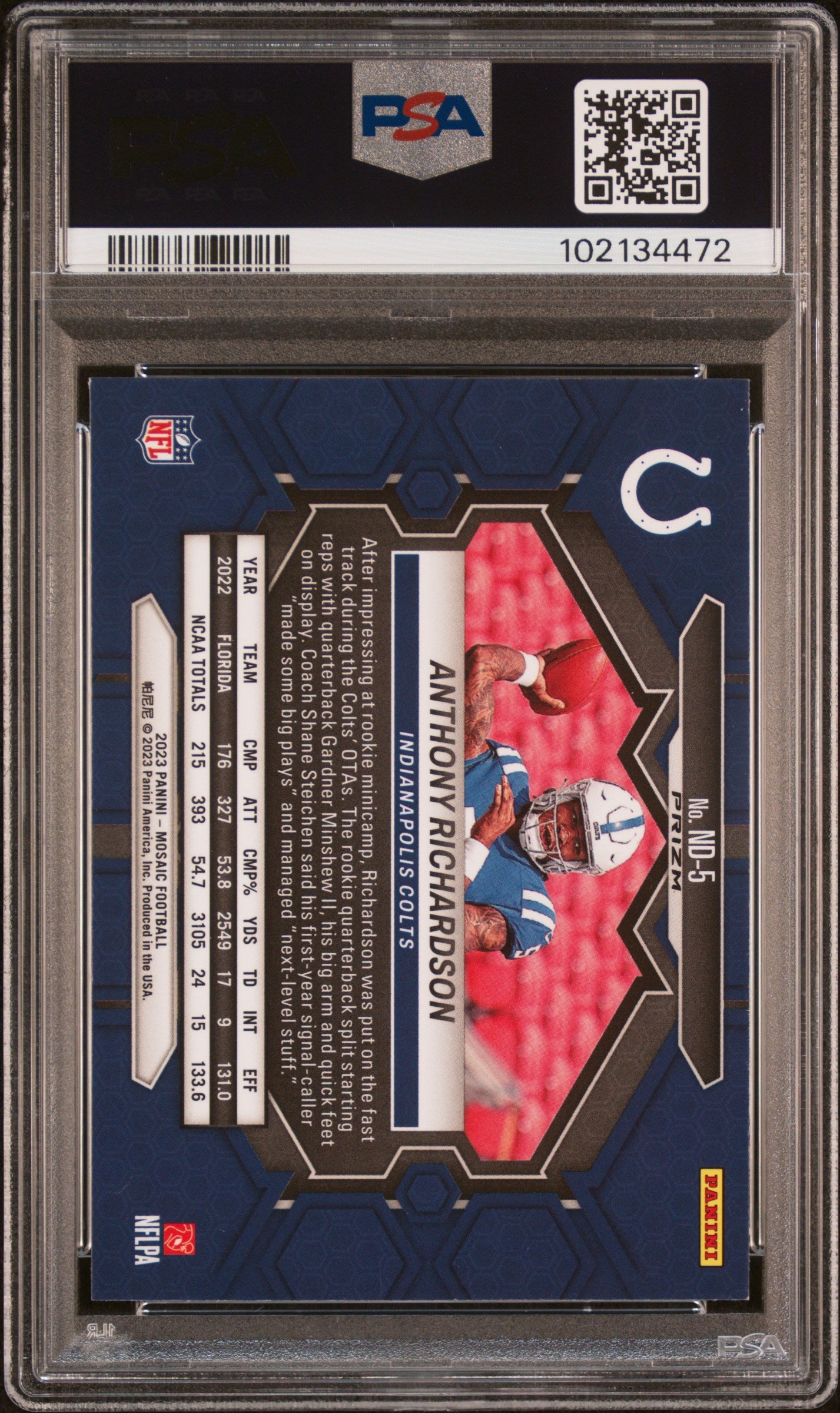 2023 Panini Mosaic NFL Debut Anthony Richardson #ND5 Reactive Blue PSA 9 ROOKIE