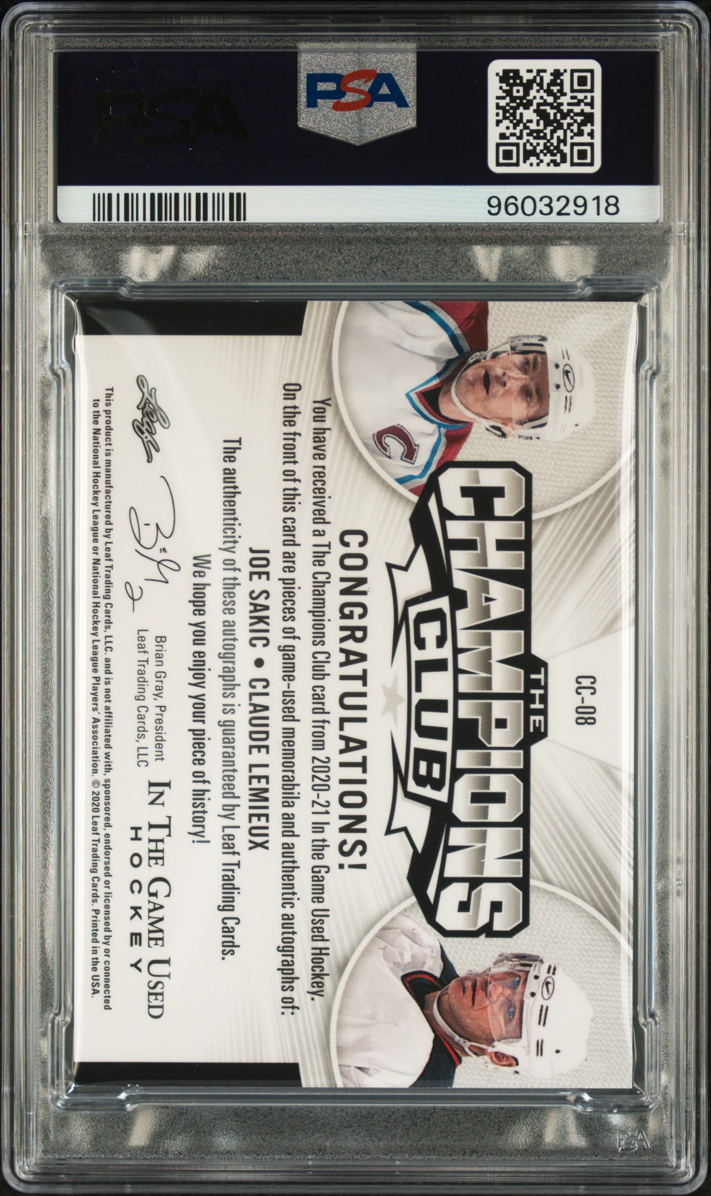 2020 Leaf Game Used Champions Club Autos Claude Lemieux Joe Sakic PSA 8