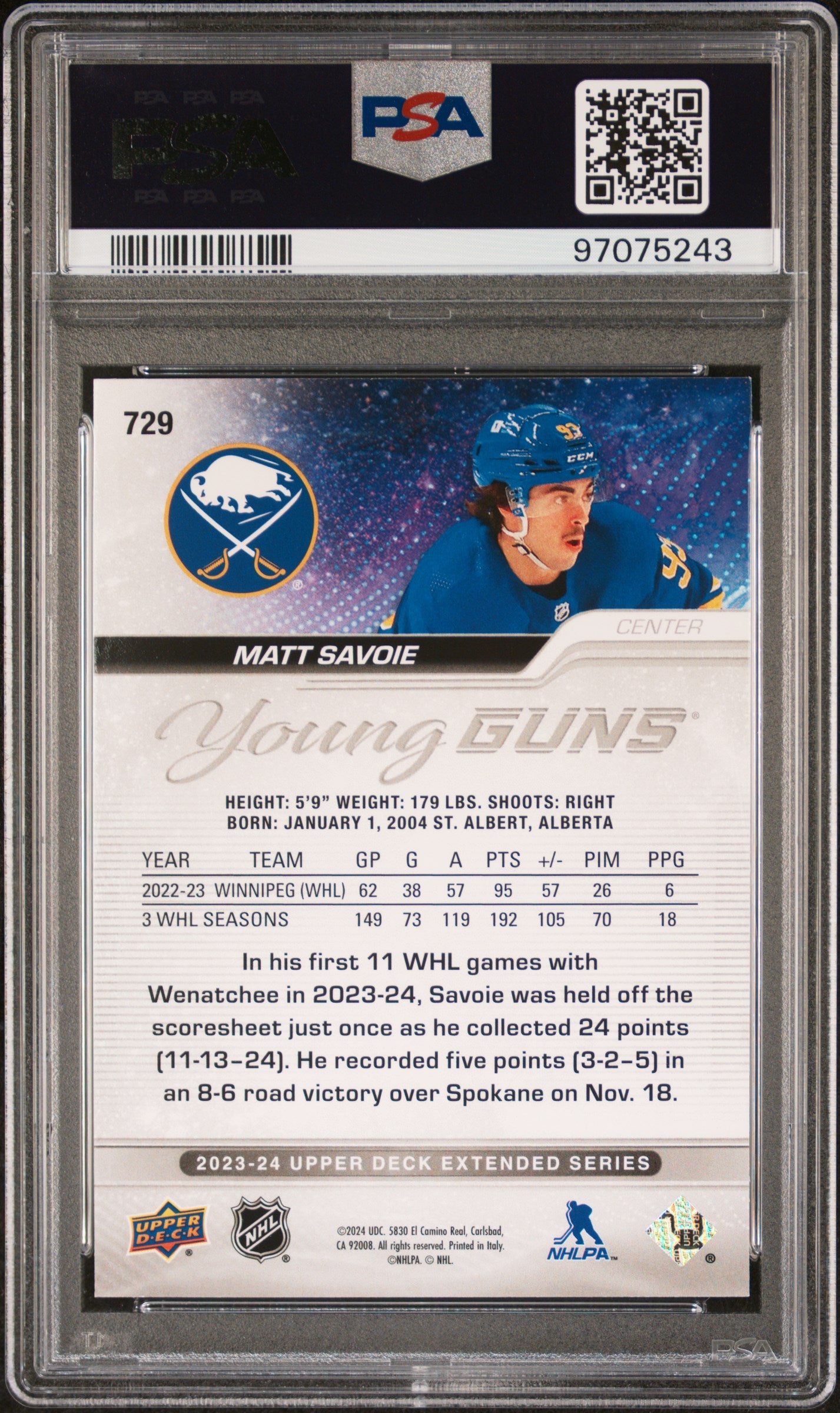 2023 Upper Deck Young Guns Matt Savoie ROOKIE #729 PSA 9