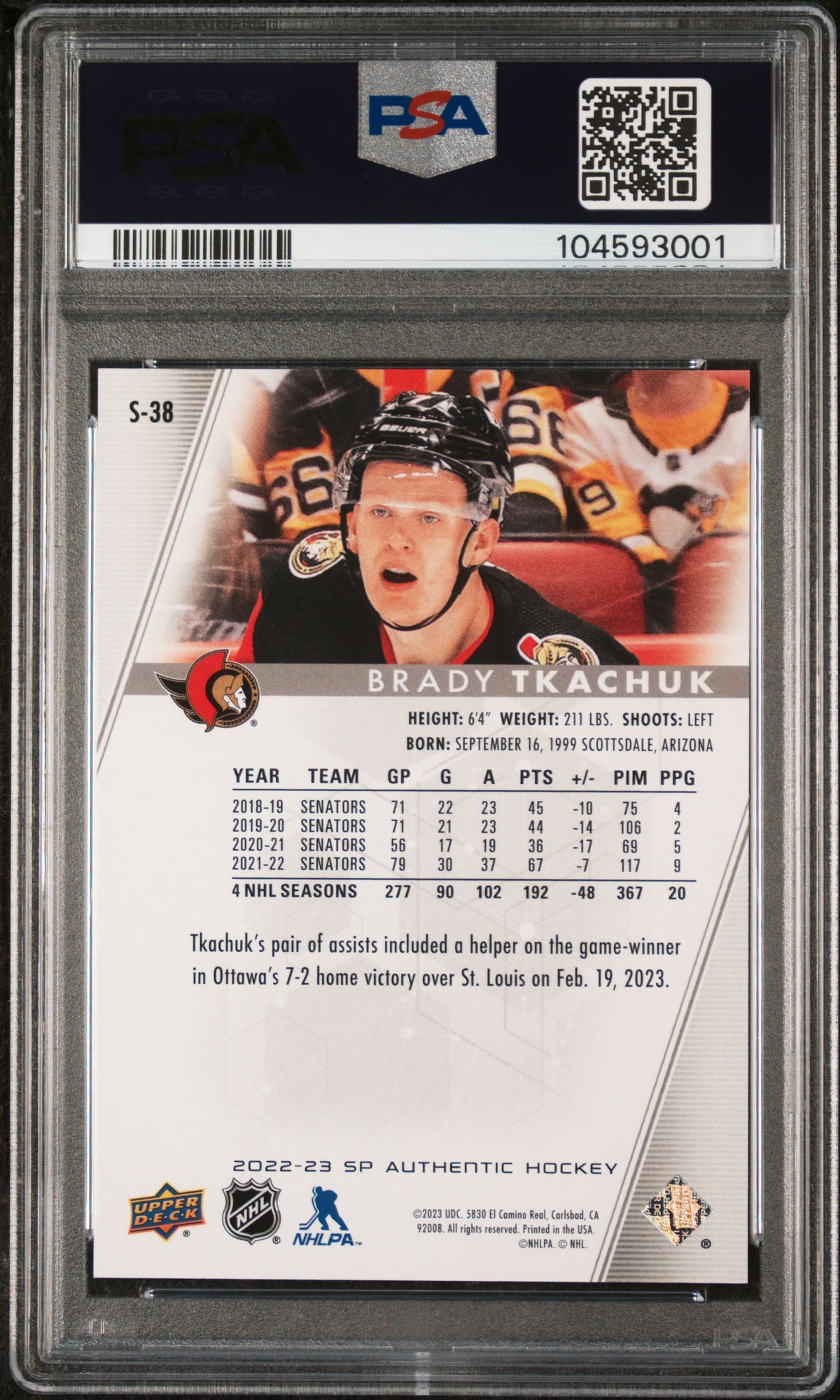 2022 SP Authentic - Brady Tkachuk #S38 - Spectrum FX Gold /50 - PSA - /50 GOLD
