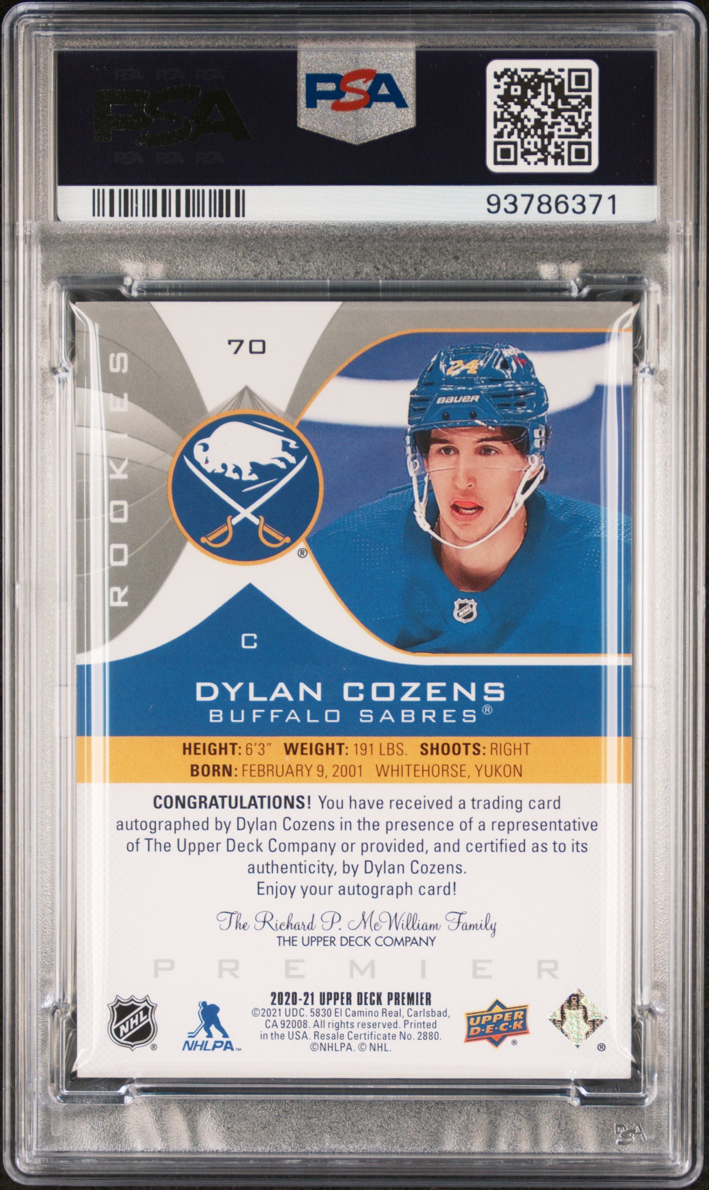 2021 Upper Deck Premier - Dylan Cozens - AUTO - Upd '20 Silver ROOKIE AUTO - PSA