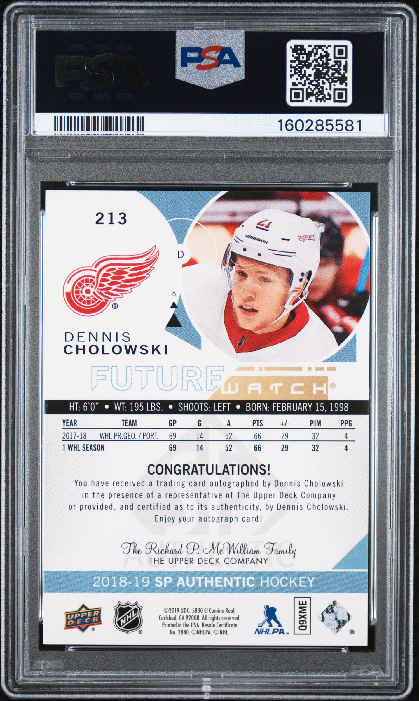 2018 SP Authentic- Dennis Cholowski -FUTURE WATCH AUTO /999 -PSA - INSCRIBED /50