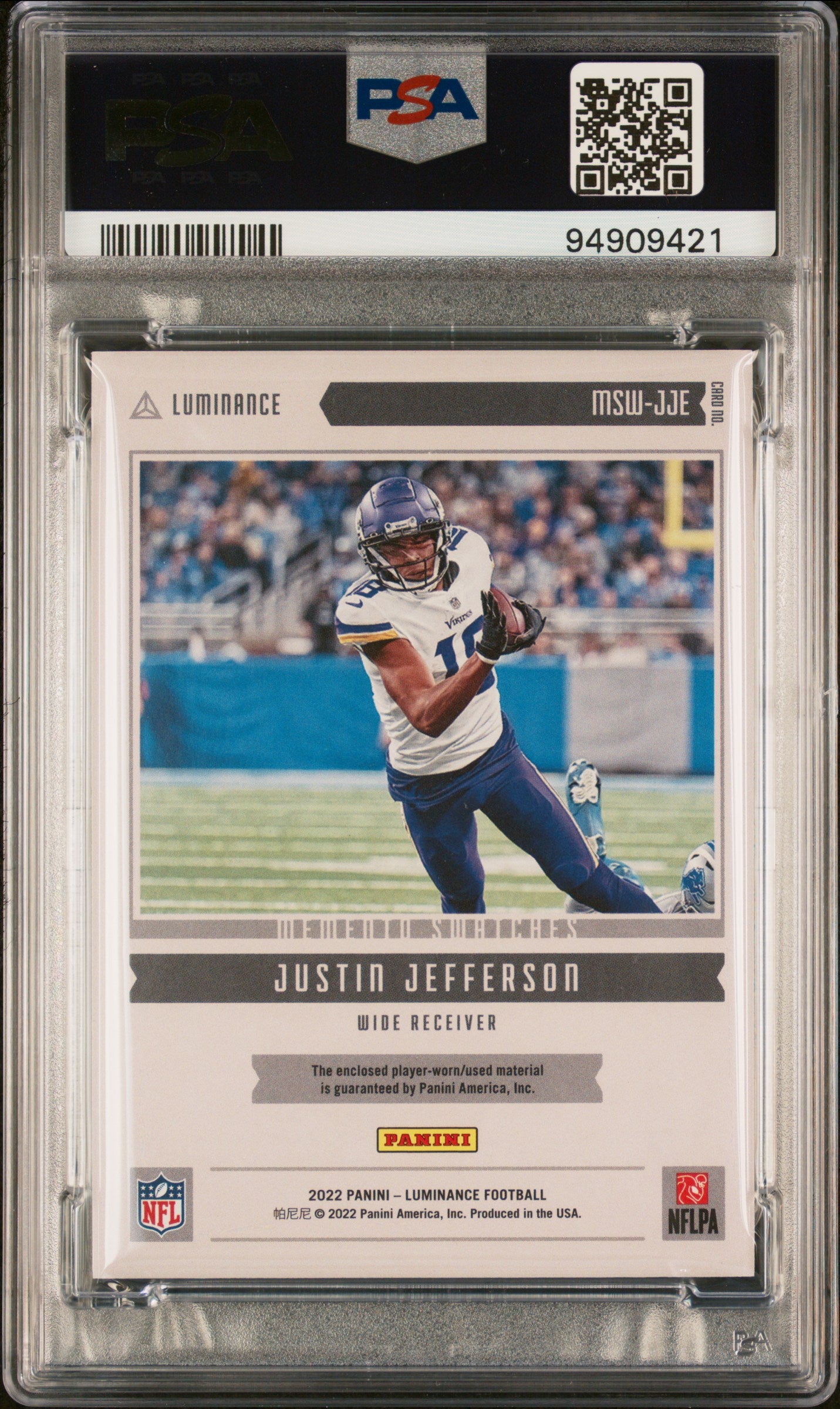 2022 Panini Luminance PLAYER WORN Justin Jefferson POP 1 #MSWJJE PSA 8 - POP 1