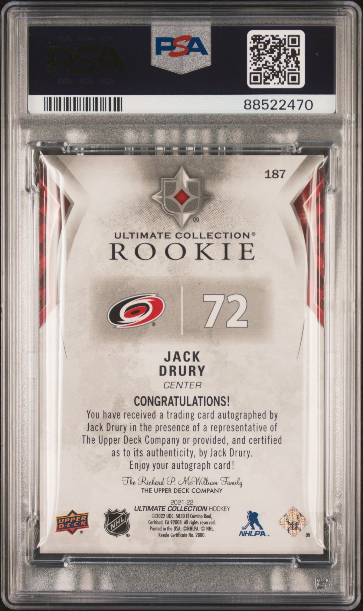 2021 Upper Deck Ultimate Collection - Jack Drury - ROOKIE Auto /299 - PSA