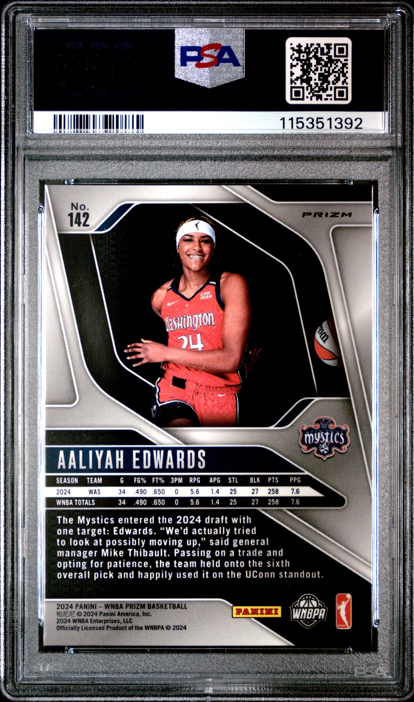 2024 Panini Prizm WNBA - Aaliyah Edwards #142 - Silver ROOKIE Variation - PSA