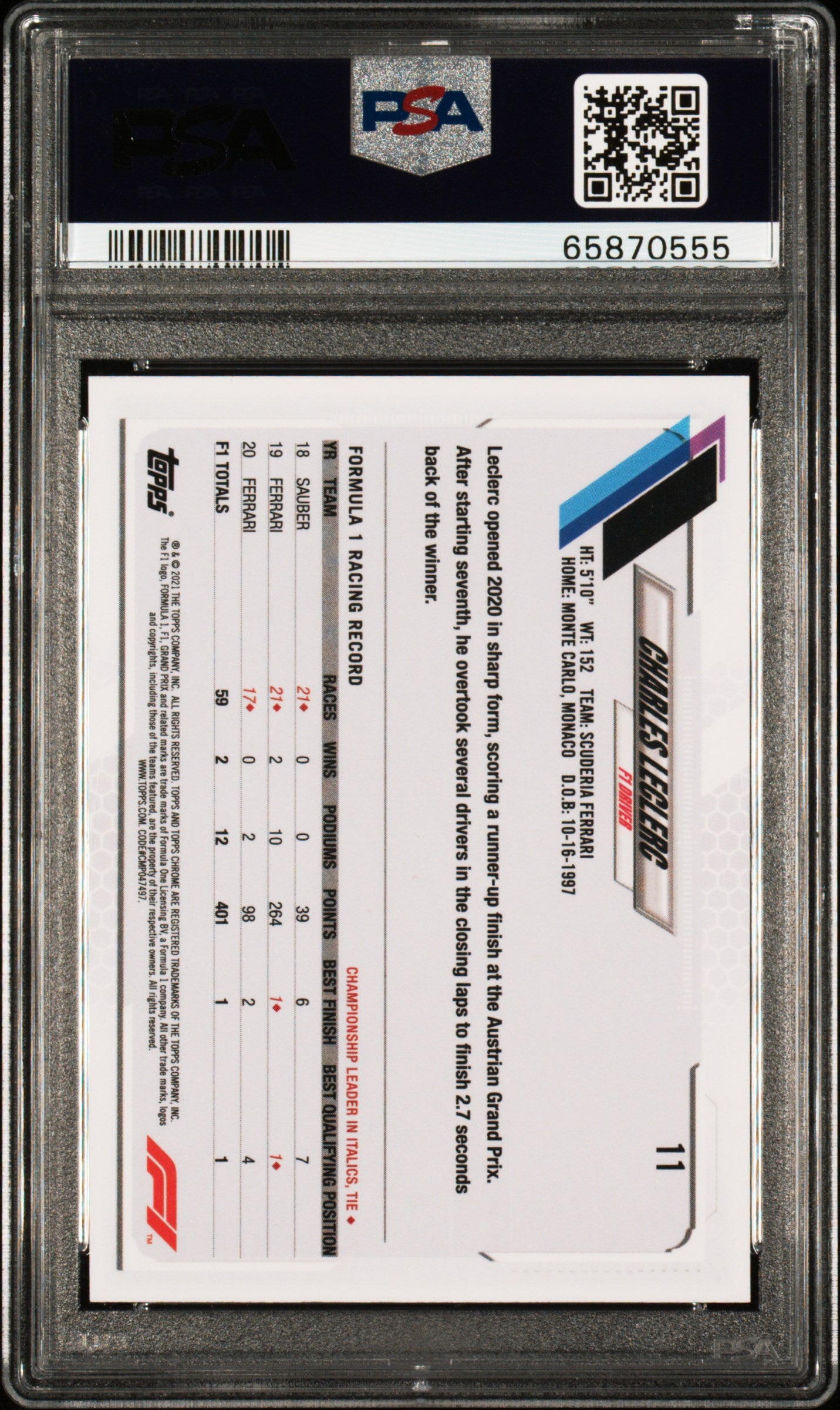 2021 Topps Chrome Formula 1 Charles Leclerc #11 Gold Purple Refractor PSA 9