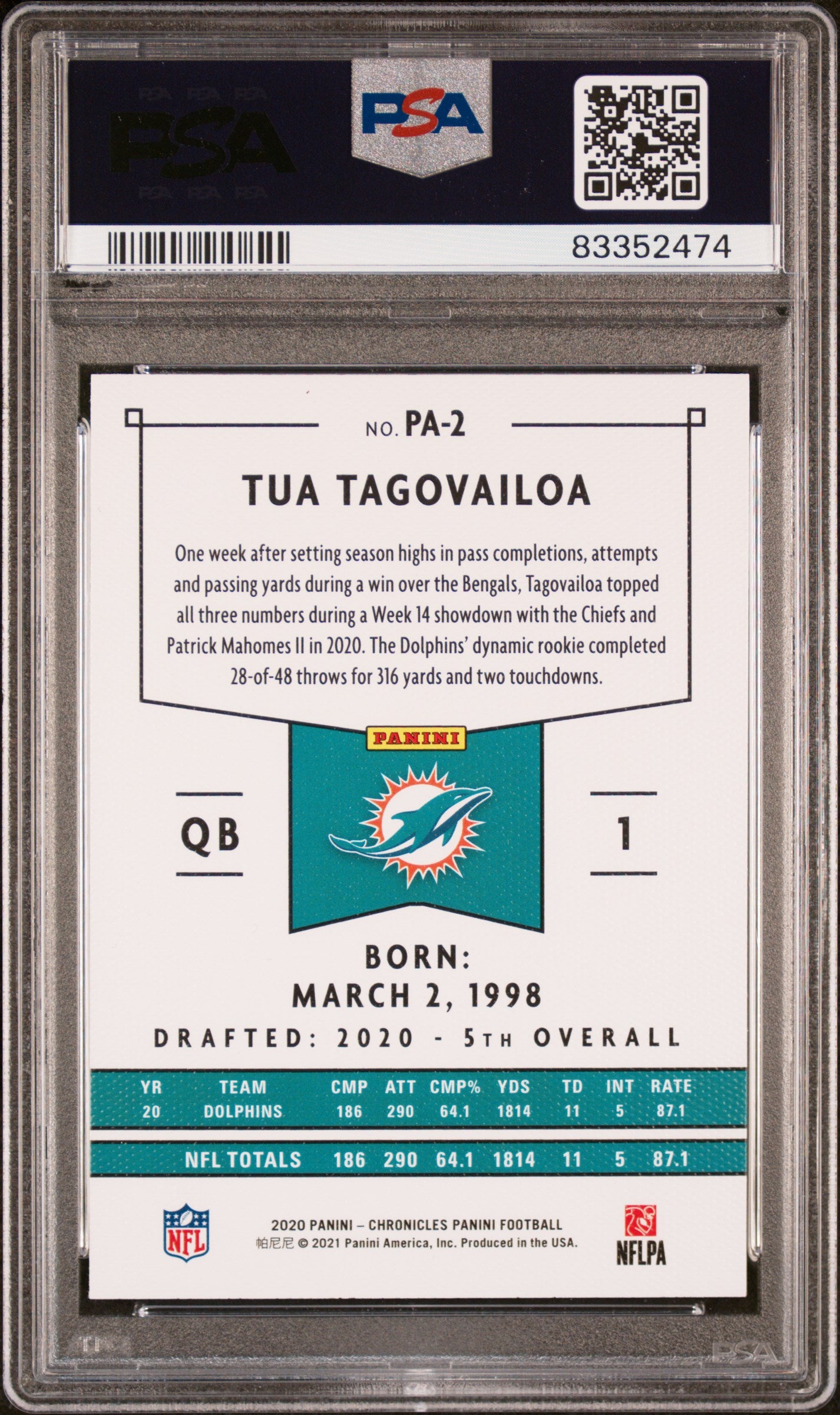 2020 Panini Chronicles Panini Tua Tagovailoa #PA2 PSA 10 - ROOKIE - PSA 10