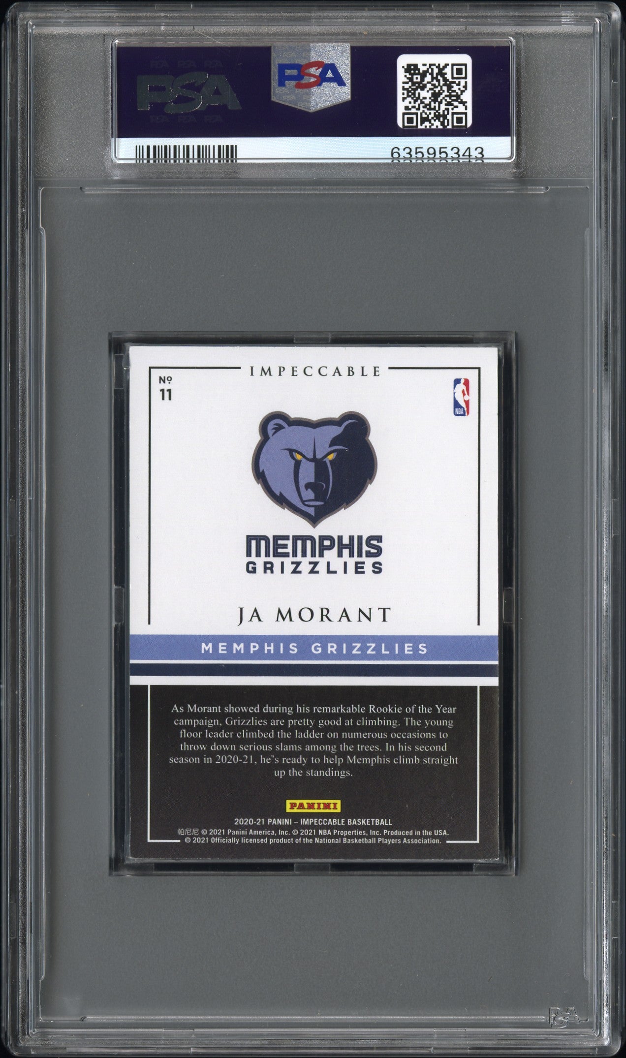 2020 Panini Impeccable Silver NBA Logo /20 Ja Morant #11 PSA 7