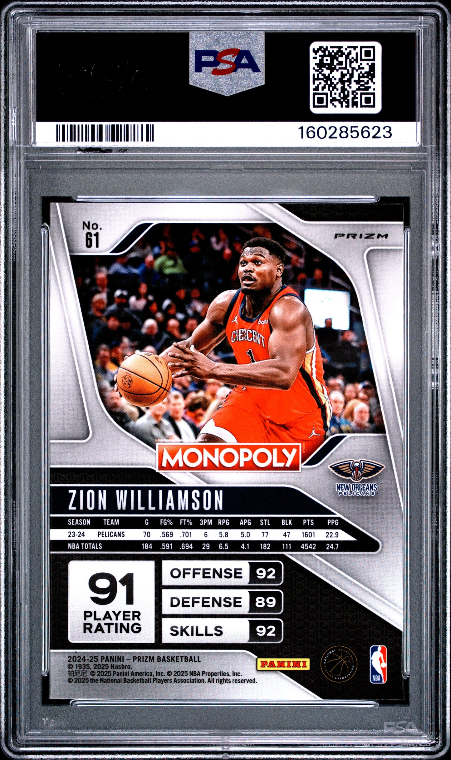 2024 Panini Prizm Monopoly - Zion Williamson #61 - NEBULA - PSA 10