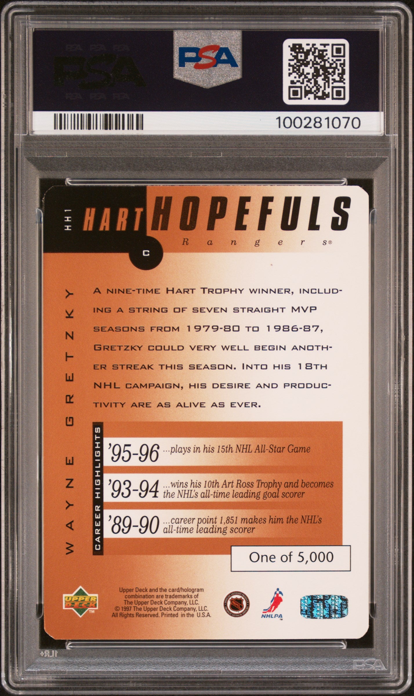 1996 Upper Deck Hart Hopefuls Wayne Gretzky #HH1 Bronze PSA 7