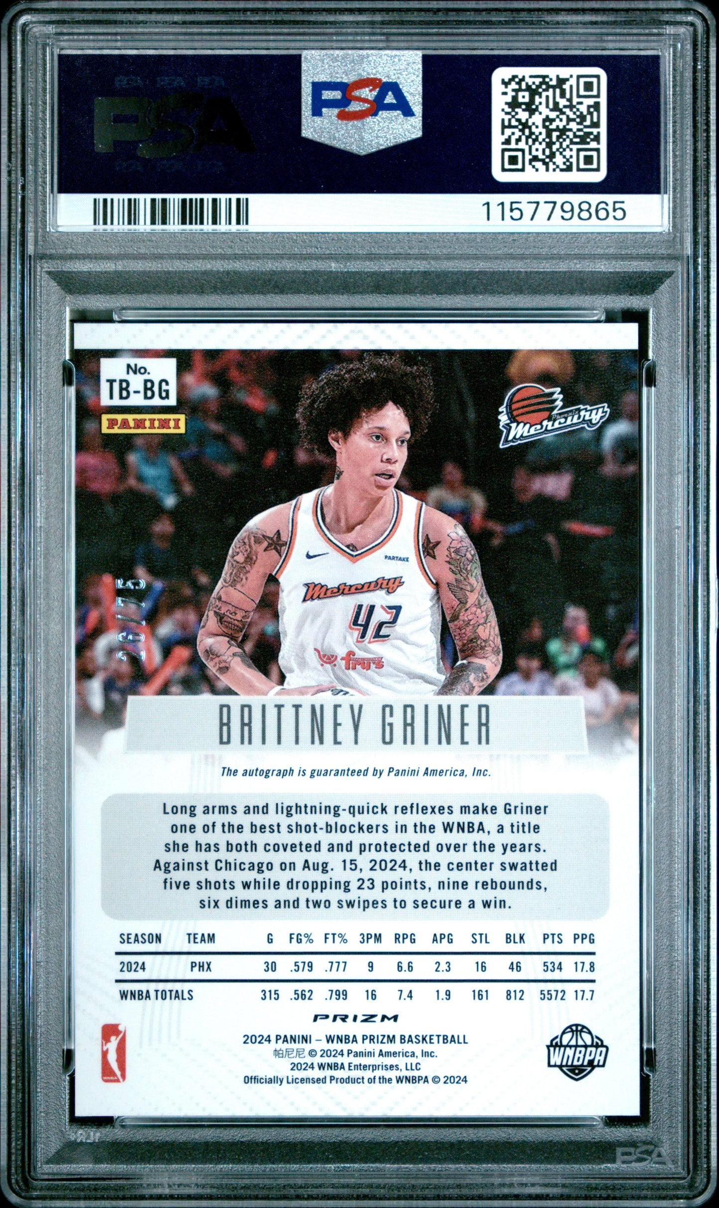 2024 Panini Prizm WNBA- Throwback AUTO /75 - Brittney Griner - Blue /75 - PSA 9