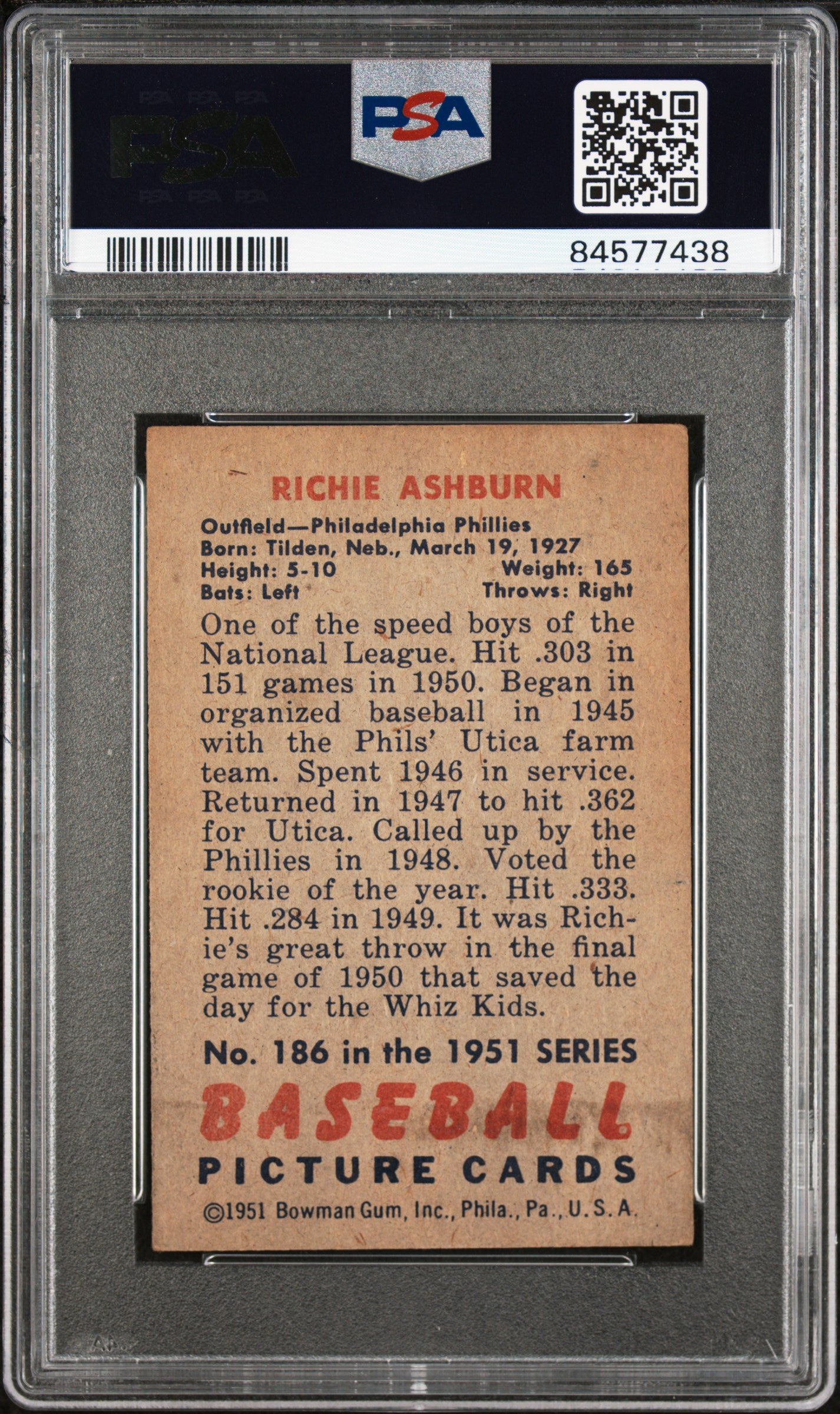 1951 Bowman Richie Ashburn #186 PSA 4