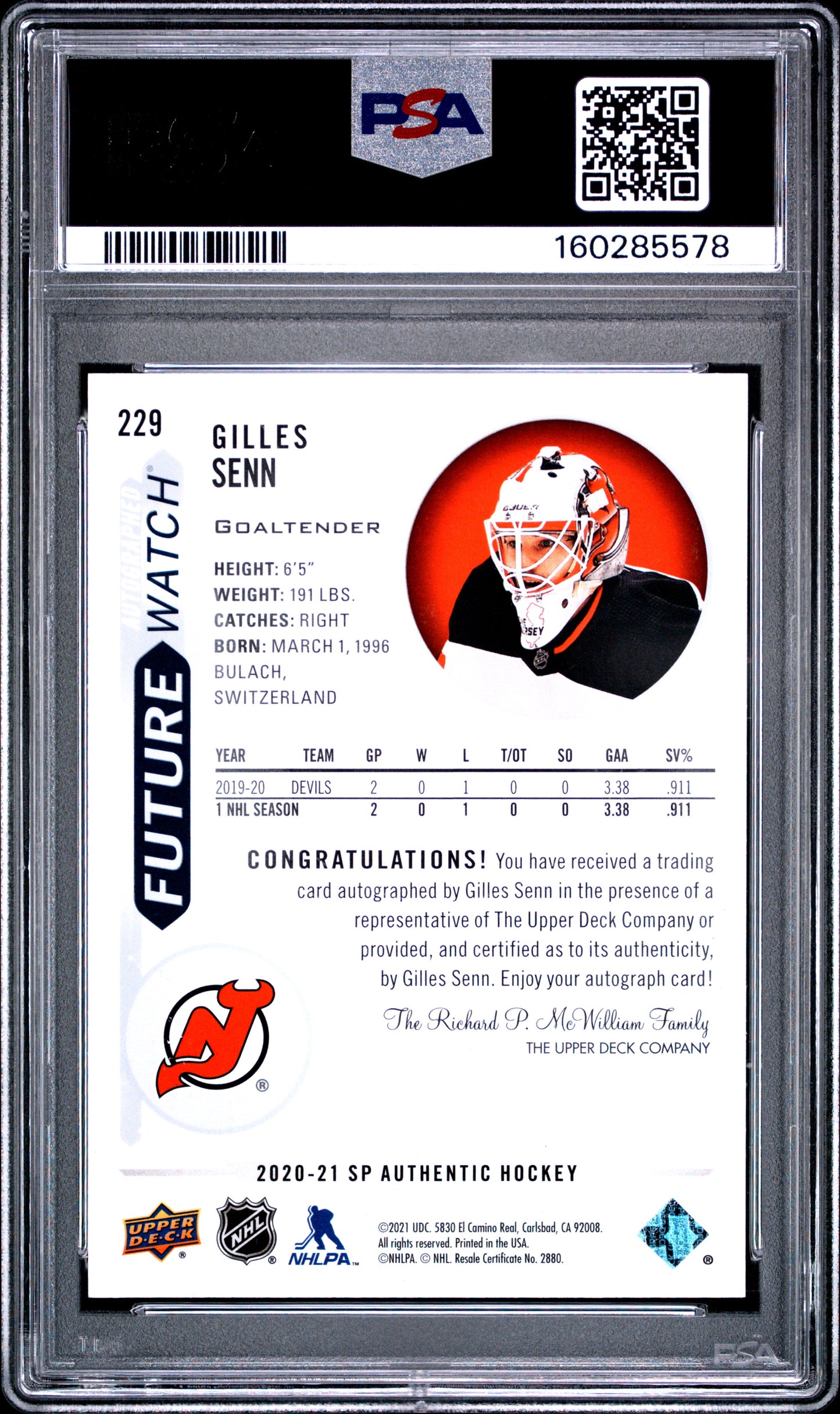 2020 SP Authentic - Gilles Senn - FUTURE WATCH AUTO /999 - PSA - INSCRIBED /50