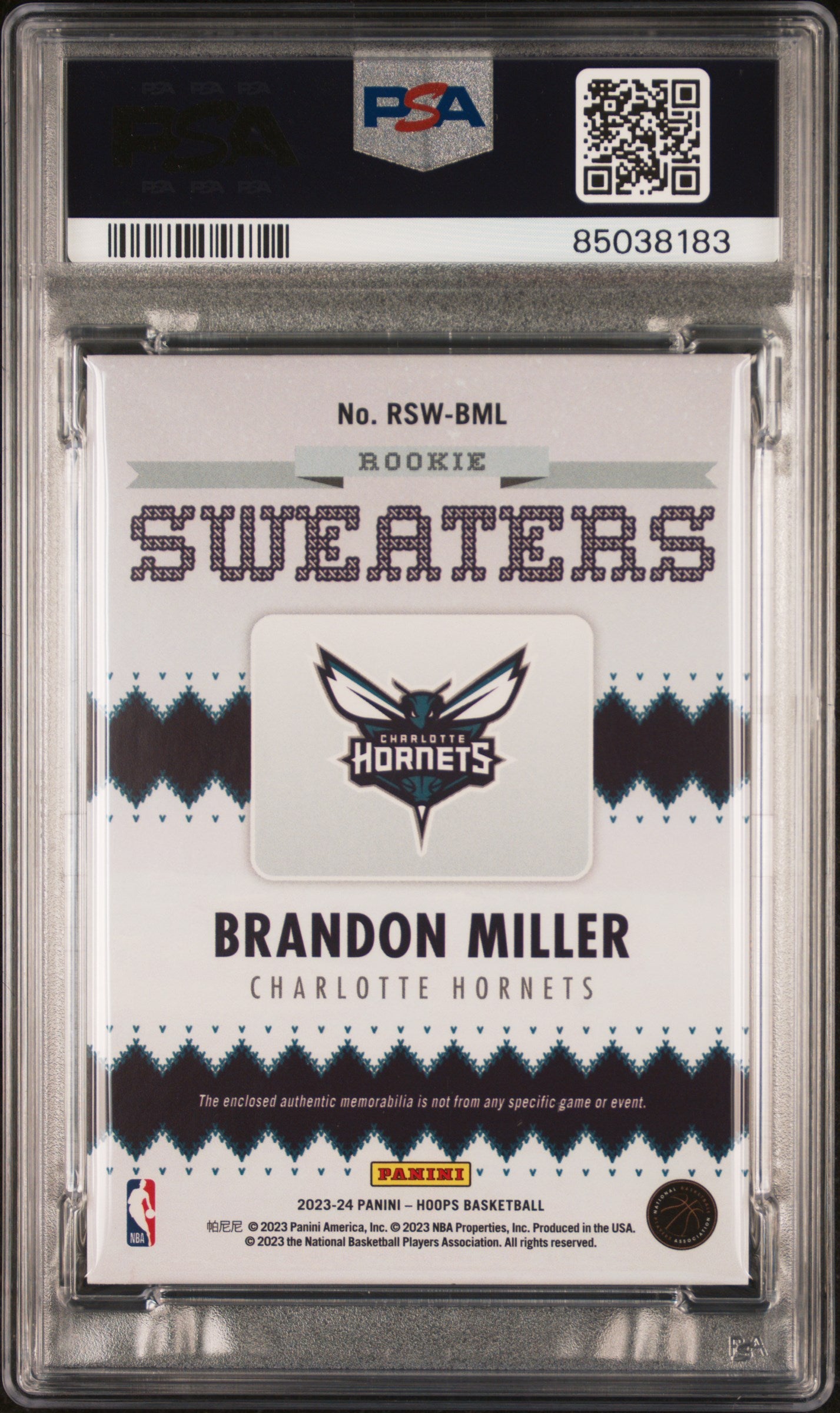 2023 Panini NBA Hoops Rookie Sweaters Brandon Miller #RSWBML PSA 9