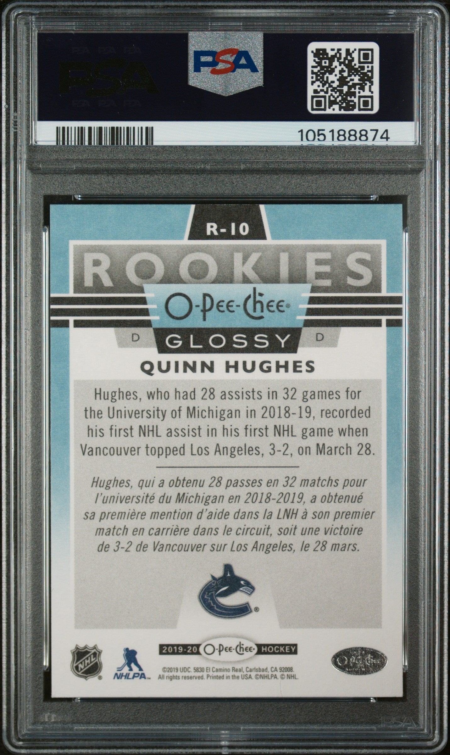 2019 Upper Deck - OPC Glossy Rookies - Quinn Hughes #R-10 - ROOKIE - PSA 10