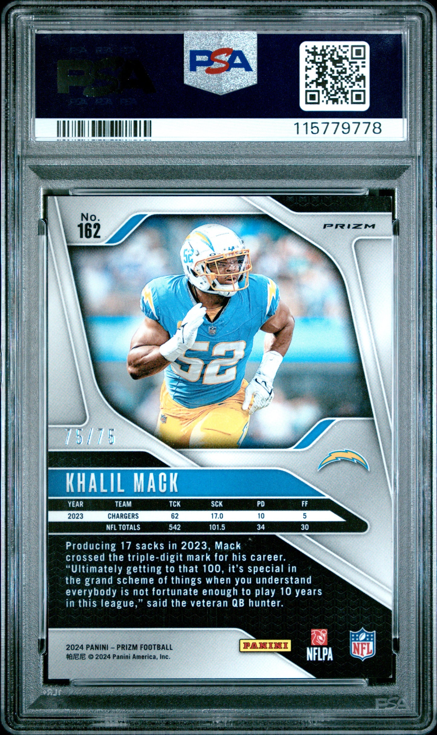 2024 Panini Prizm - Khalil Mack #162 - Green Scope 75/75 - PSA 9 - 75/75