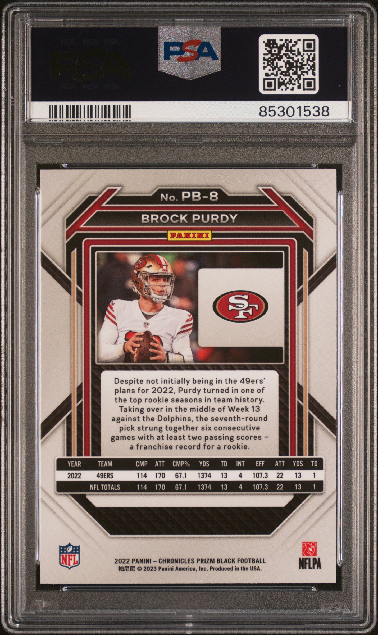 2022 Panini Chronicles - Prizm Black - Brock Purdy #PB8 - ROOKIE - PSA 9