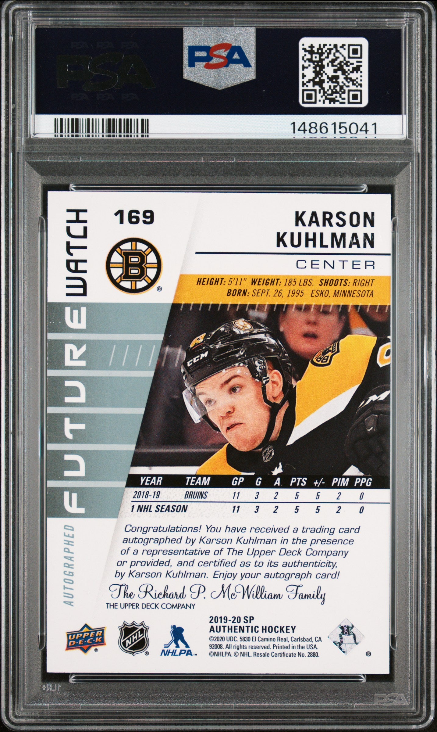 2019 SP Authentic - Karson Kuhlman - INSCRIBED AUTO /999 - PSA - Inscribed FWA